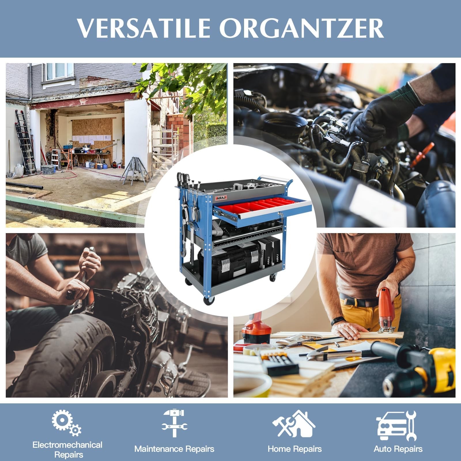 Heavy Duty 3 Tier Rolling Tool Cart,440LBS Mechanic Tool Cart with Drawers