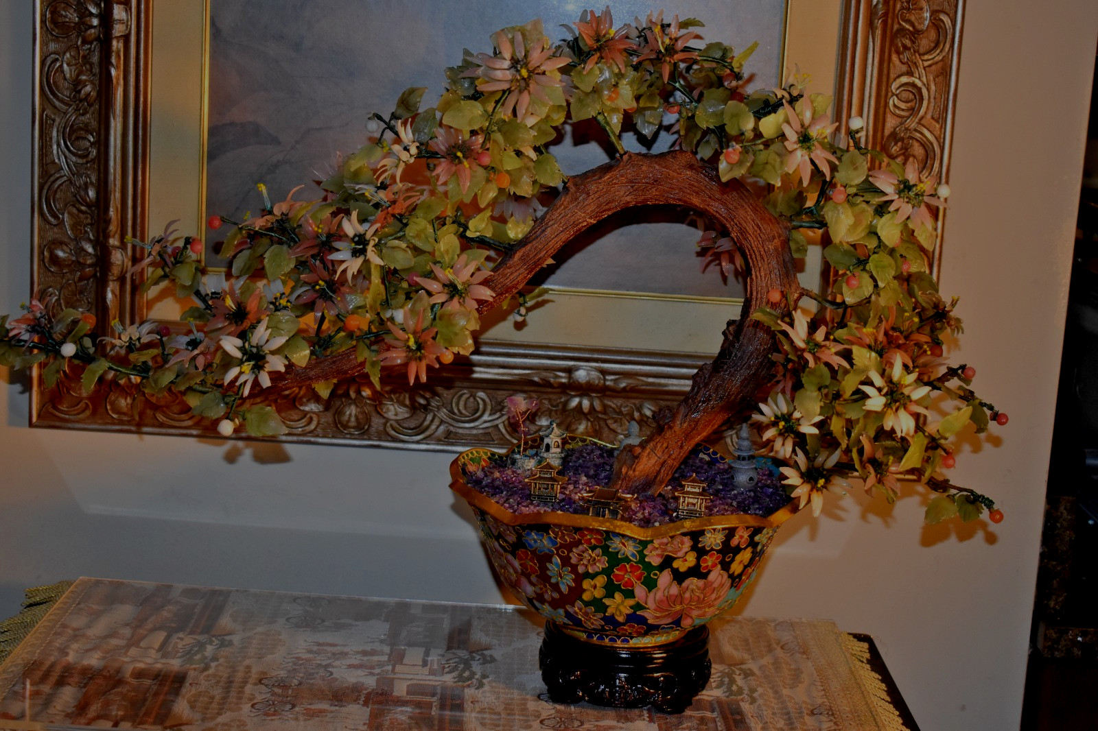 30" VINTAGE BONSAI PEKING JADE TREE IN 10" CLOISONNE BOWL W/EBONY STAND