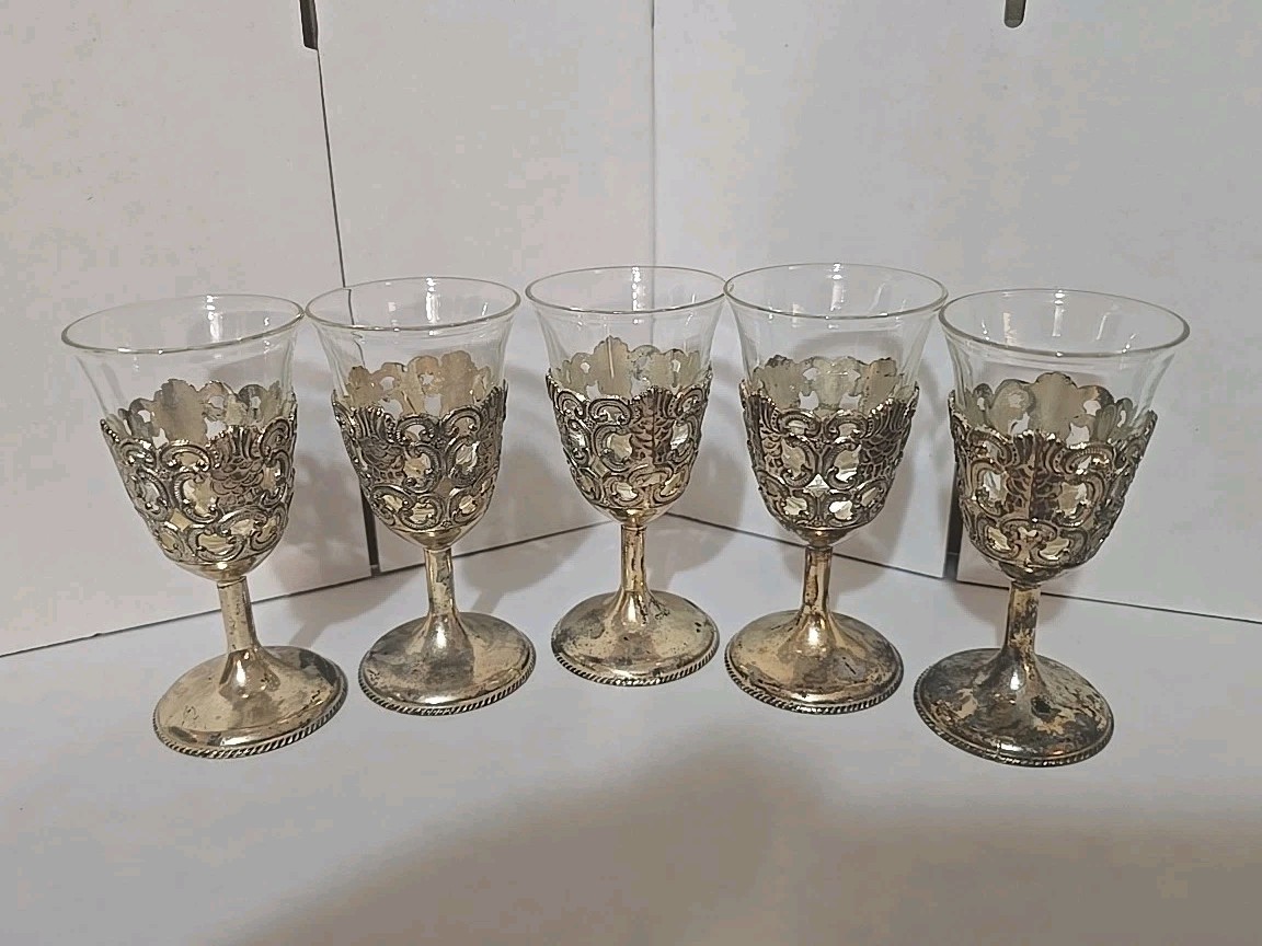 Vintage Set Of 5 Silver plated Goblet Wine Shot/Dinner Glasses.