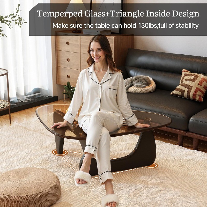 Coffee Table for Living Room Mid Century Modern Center Table Glass Top and Wood