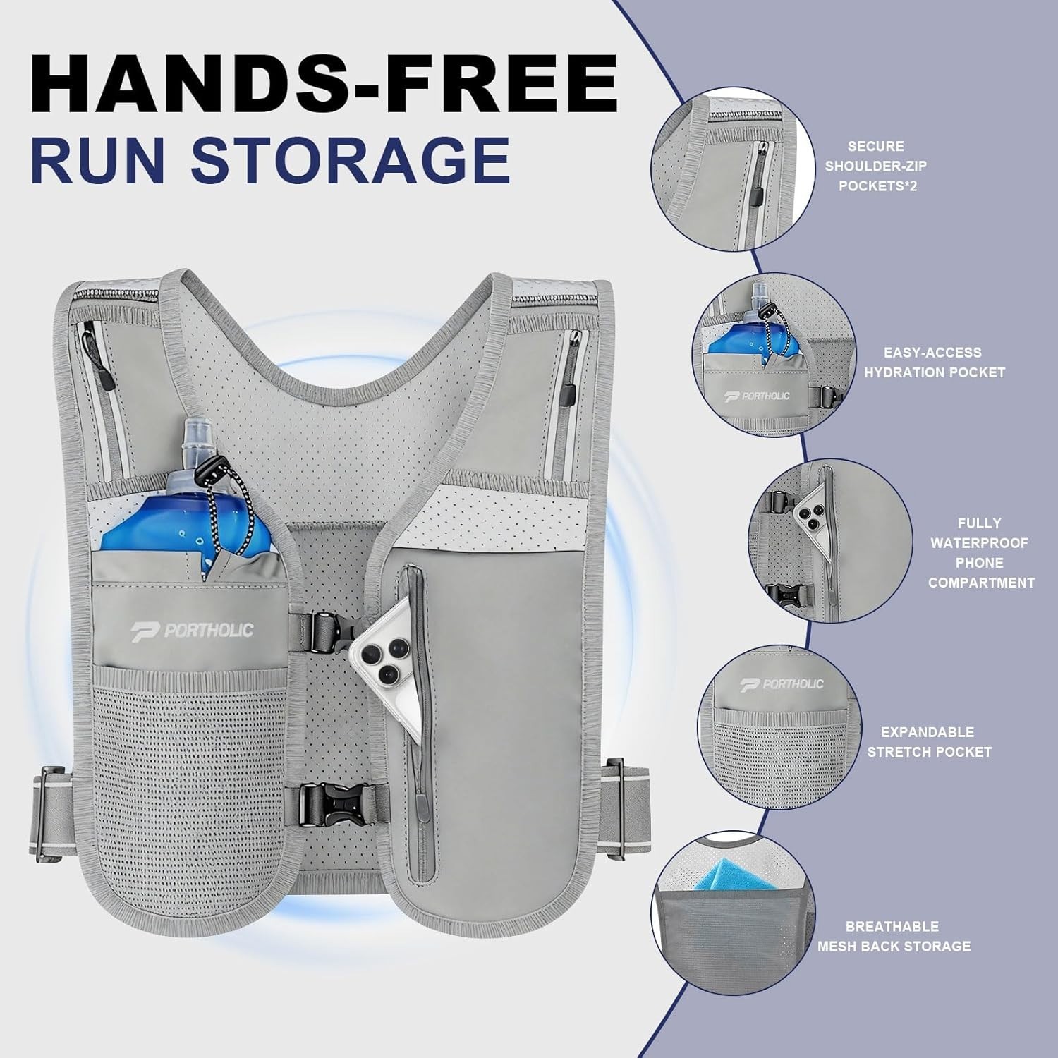 PORTHOLIC Running Vest for Women Men with 500ml/17oz Water Bottle |Adjustable Hy