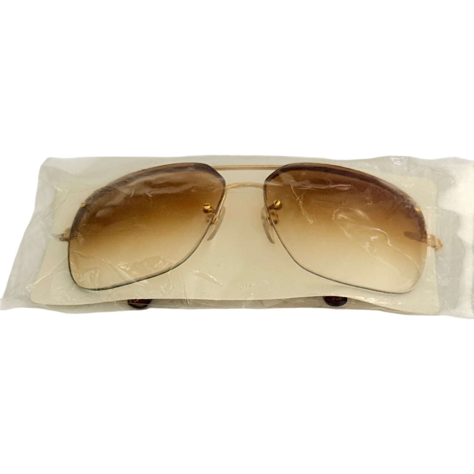 Vtg 70's Aviator Rimless Sunglasses Gold Frame Gradient Amber Lens MIP - A1298