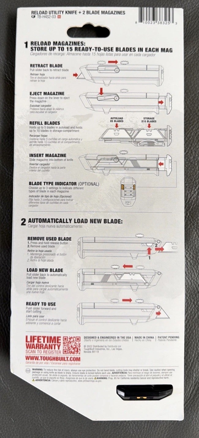 ToughBuilt 6.5 in. Retractable Reloading Utility Knife Black 1 pc TB-H4S2-03 New