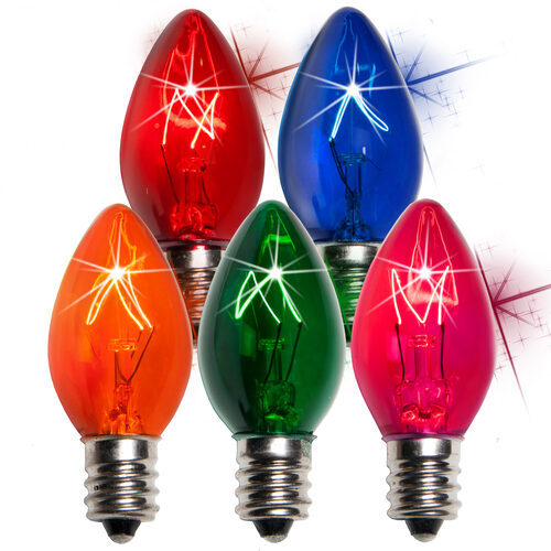 Box of 25 C7 TWINKLE Multicolor Triple Dipped Transparent Christmas Light Bulbs