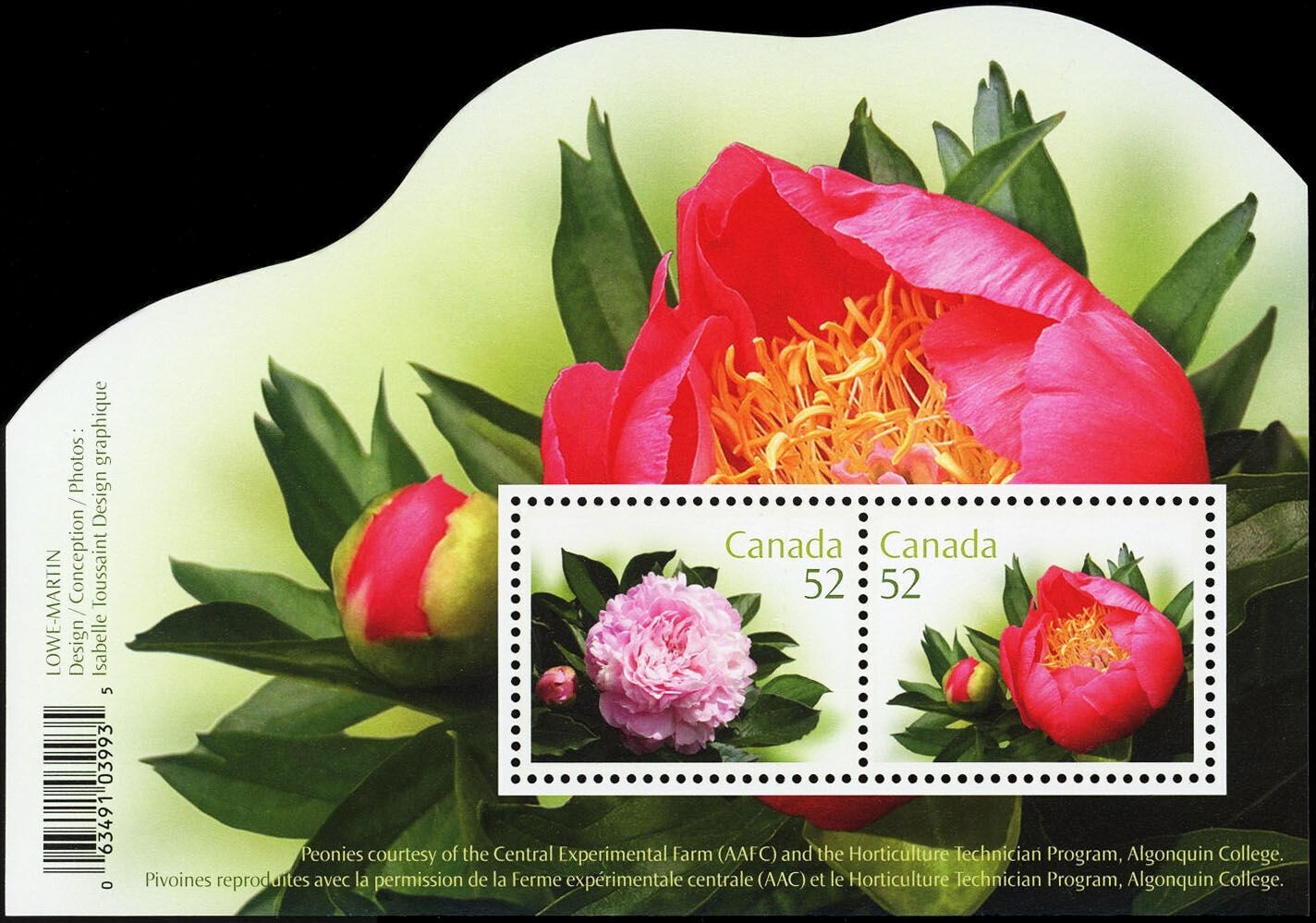 Canada Stamps Souvenir Sheet of 2, Peonies, #2260 MNH
