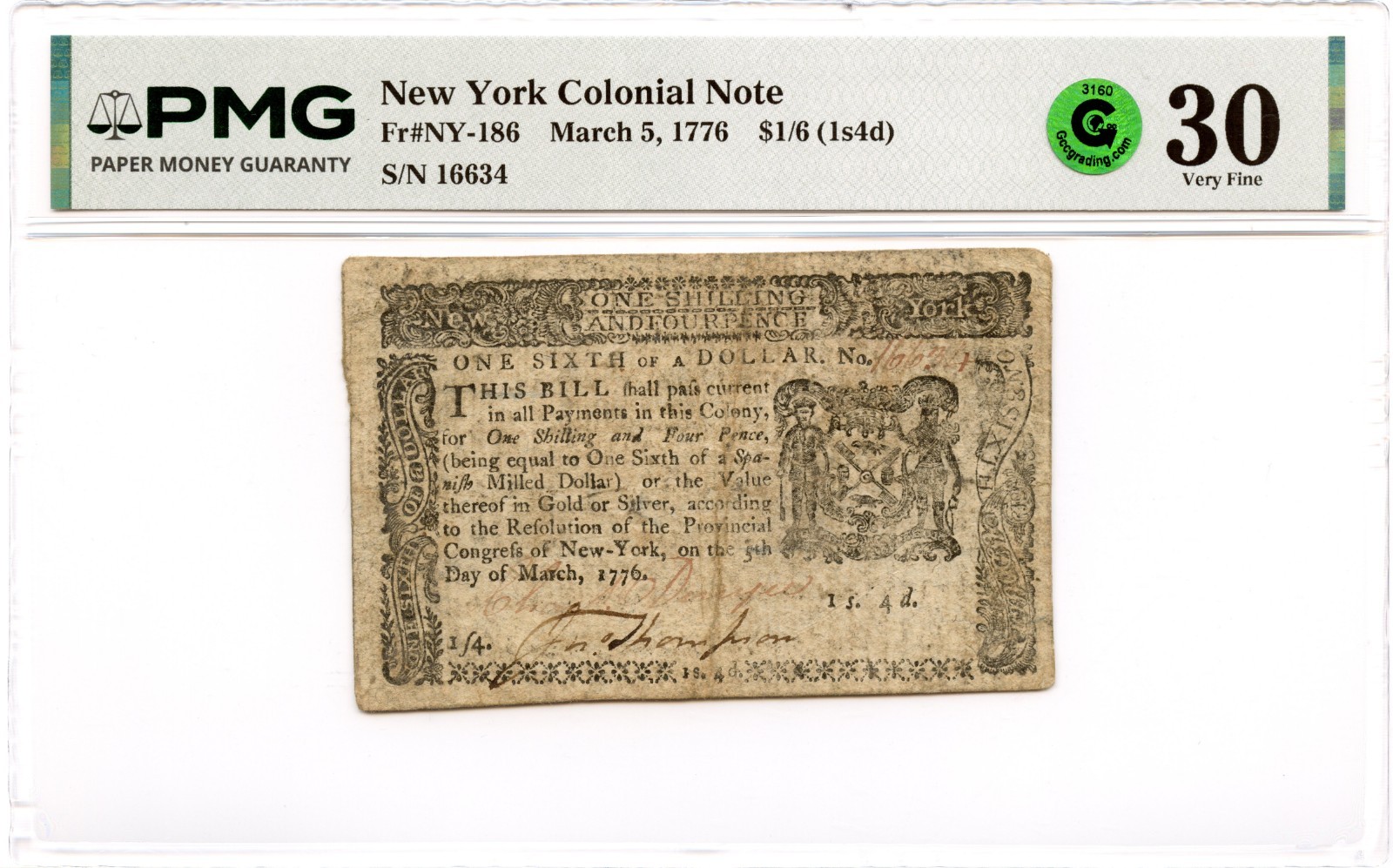 New York Colonial Note Fr#NY-186 March 5, 1776 $1/6 PMG VF-30 GCC Green