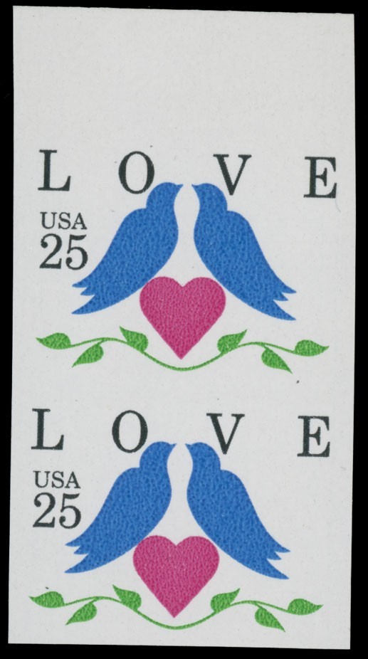 1990, USA LOVE, 25C MULTI, TOP MARGIN VERTICAL IMPERF PAIR, NH, SC. #2440a