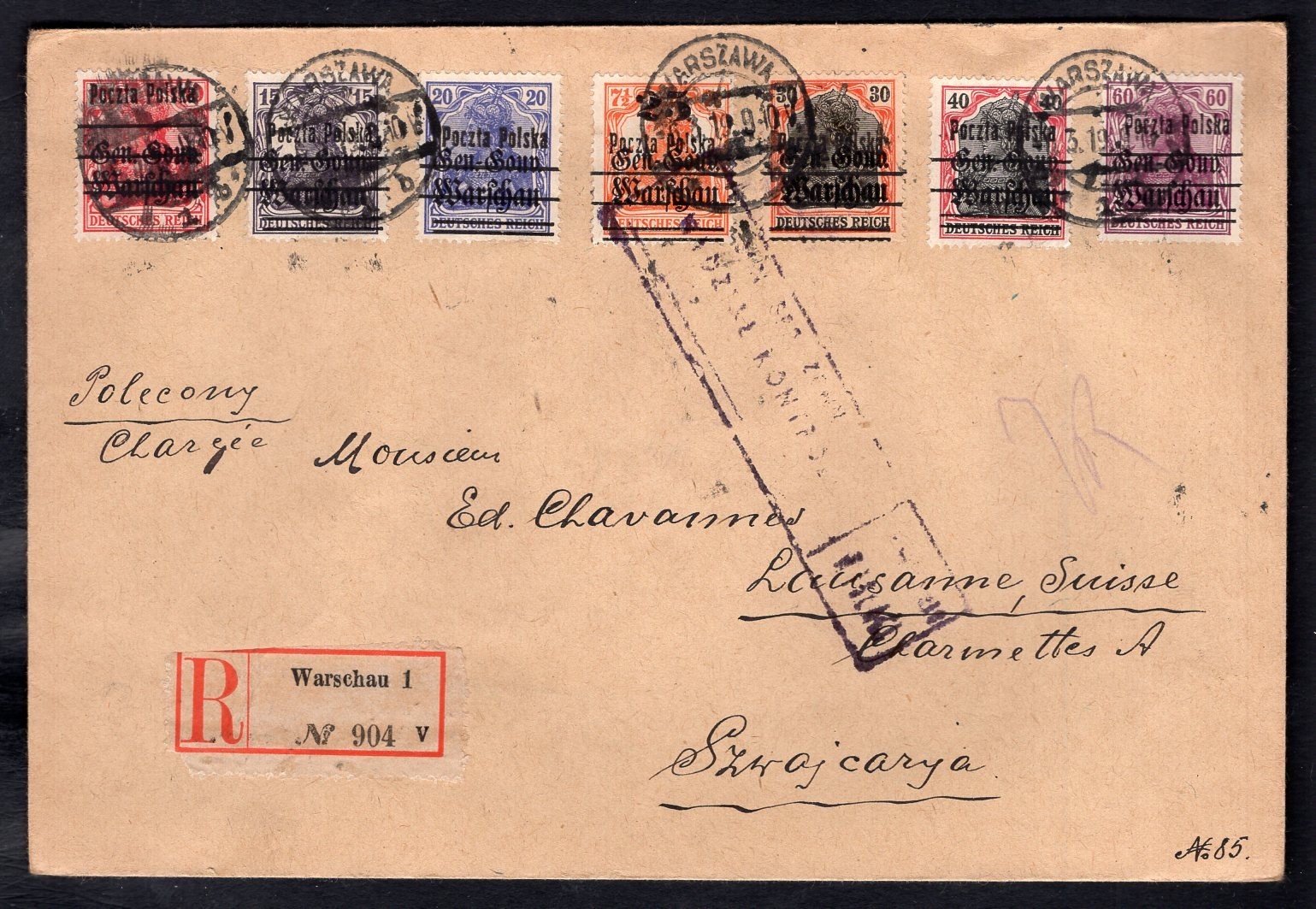 POLAND 1919 Poczta Polska Overprints on German GG Stamps Cover to Swittzerland
