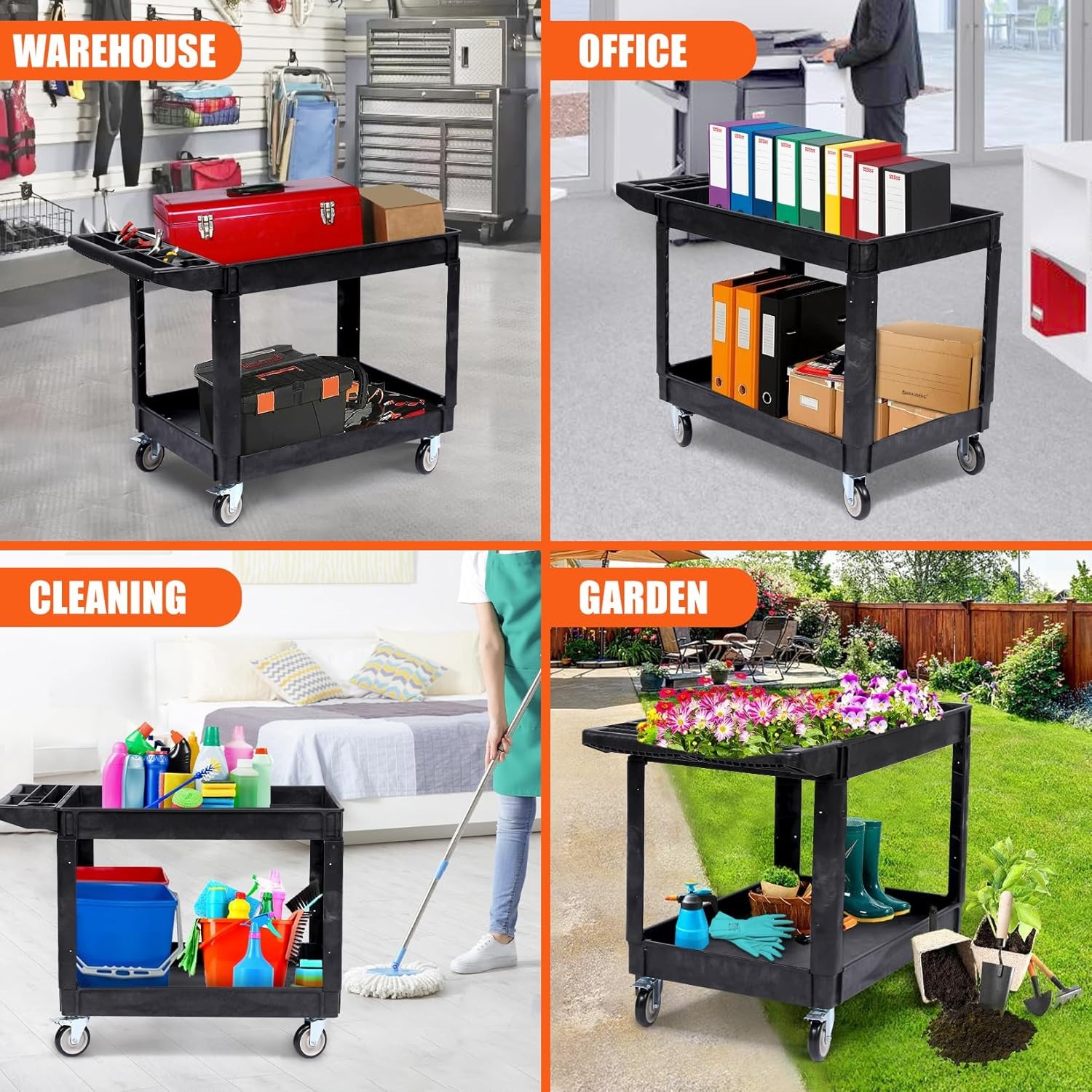 Heavy-Duty Service Shop Tool Cart, 2-Shelf, 550 lb Capacity, Rolling 40 in.