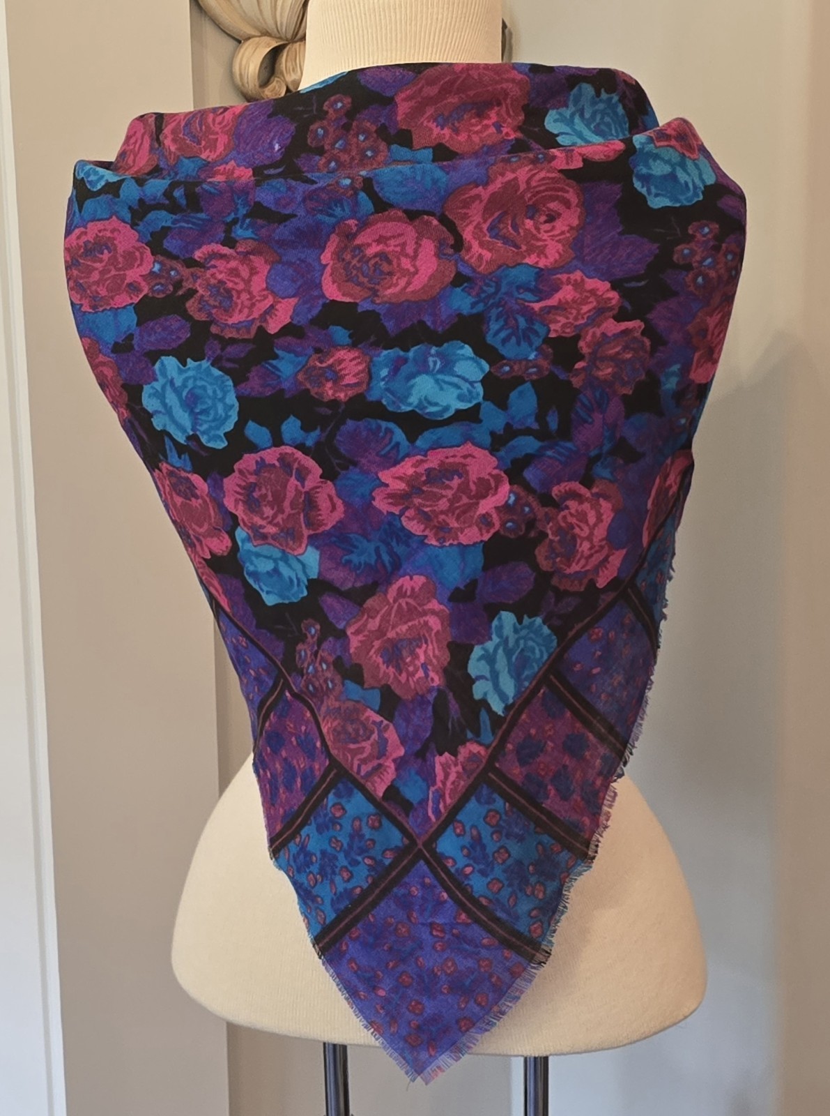 Vintage Glentex Japan Square Scarf Floral Stripes Blue Purple Pink 30x31 Inches