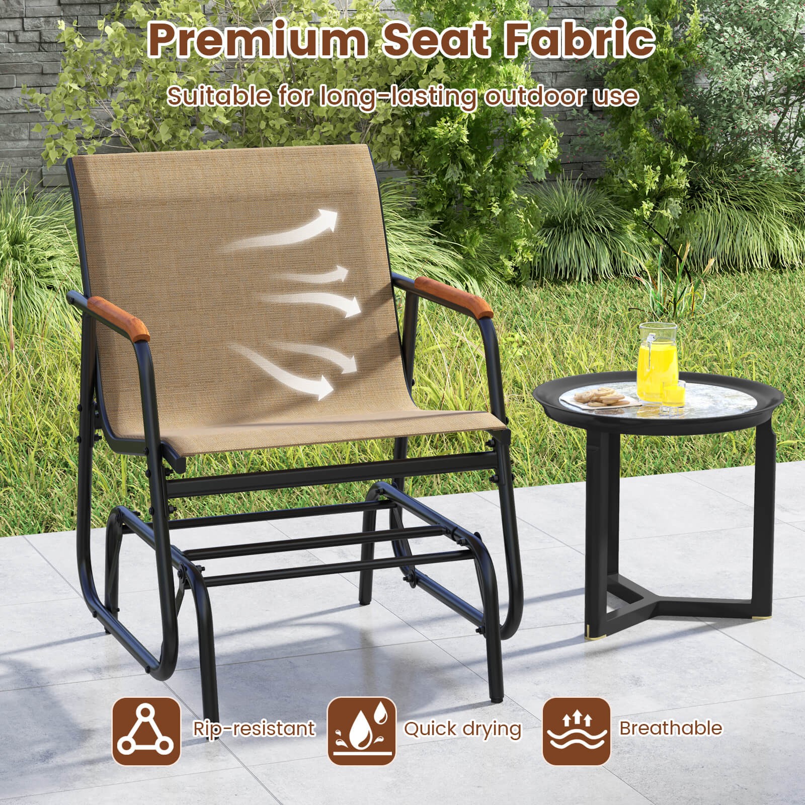 Patio Glider Chair Set of 2 w/ Curved Teak Armrests & Breathable Fabric Seat