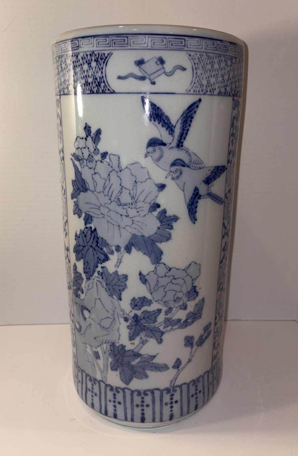 Vintage Umbrella Stand Blue and White Greek Key Chinoiserie Birds Chinese 18”