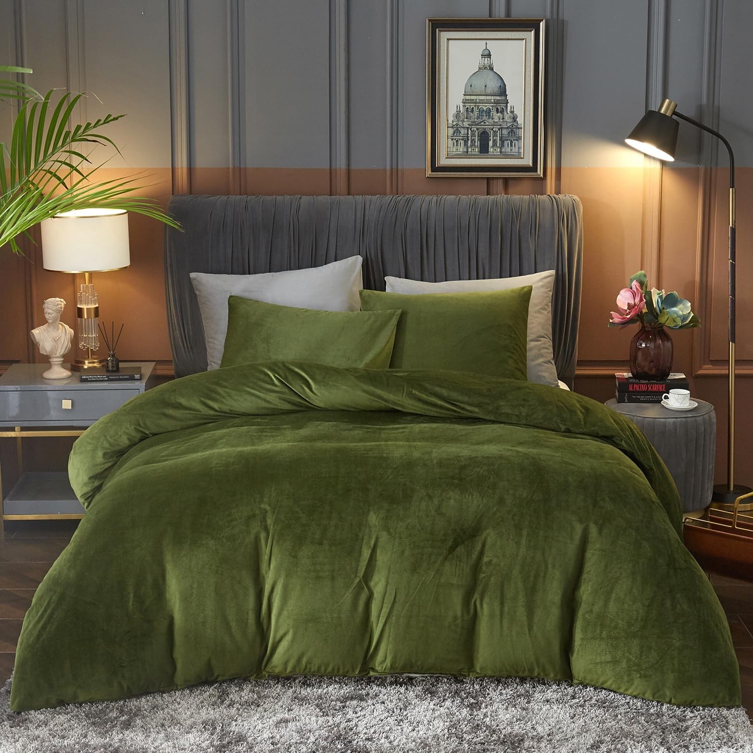 Ivellow Velvet Flannel Duvet Cover King Size Olive Green Comforter Cover Ultr...
