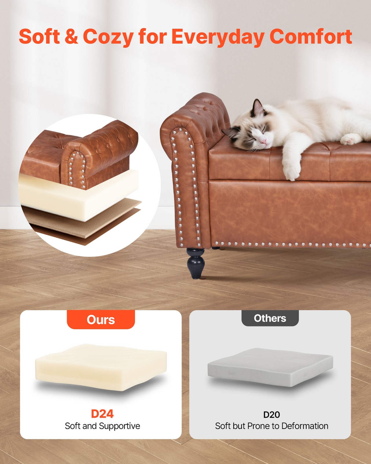 Uimoso Button-Tufted Storage Ottoman Bench Rolled Arm PU Leather Wood Legs Brown