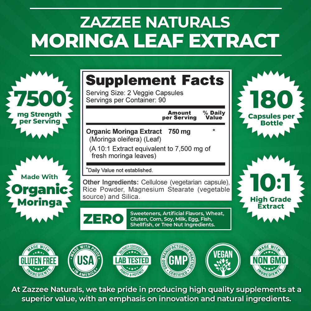 Zazzee Organic Moringa Extract 180 Capsules 7500 mg Strength 10:1 Antioxidant