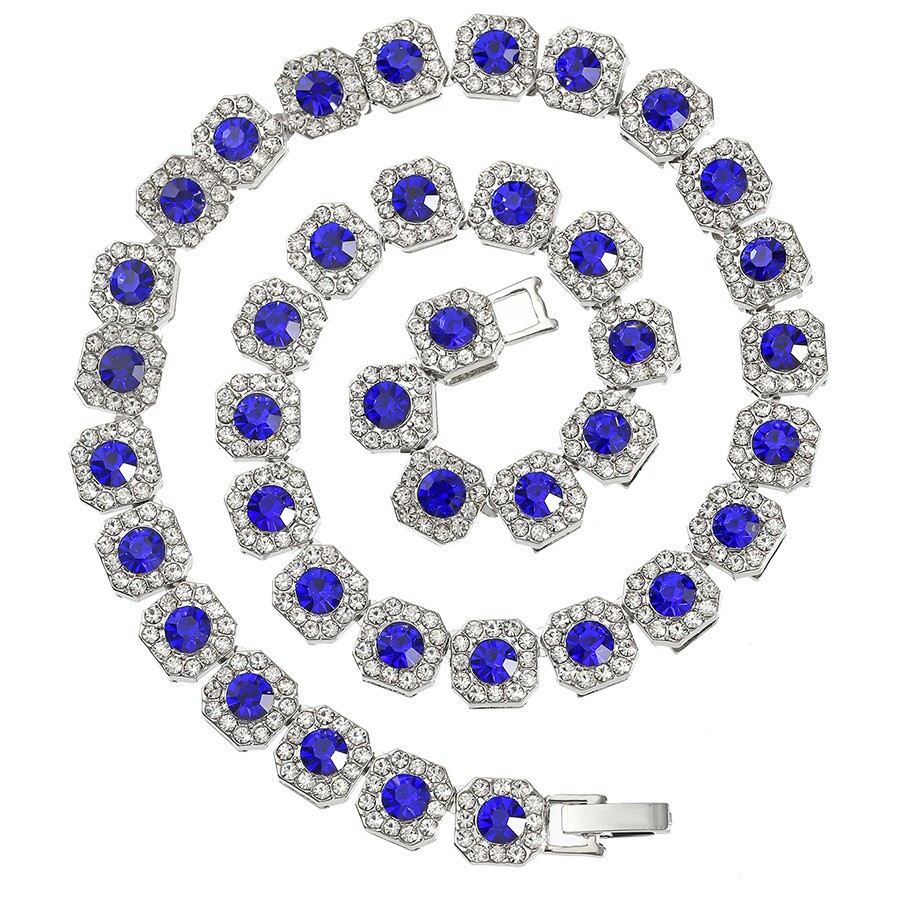 Silver Plated Stainless Steel 22 Inch Necklace Cubic Zirconia Blue Center Stone