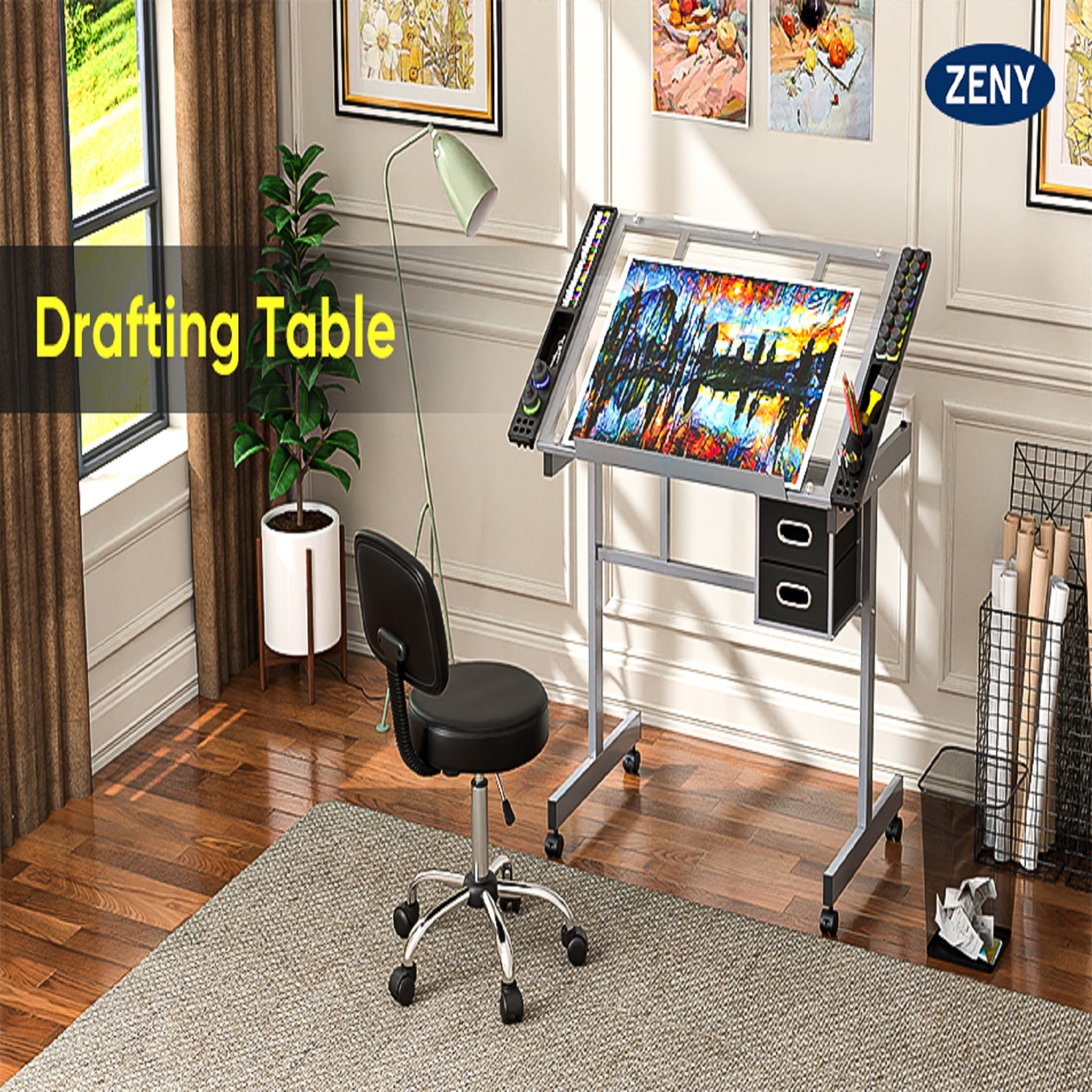 Drafting Table on Wheels Adjustable Glass Tabletop Drawing Desk w/Storage Drawer