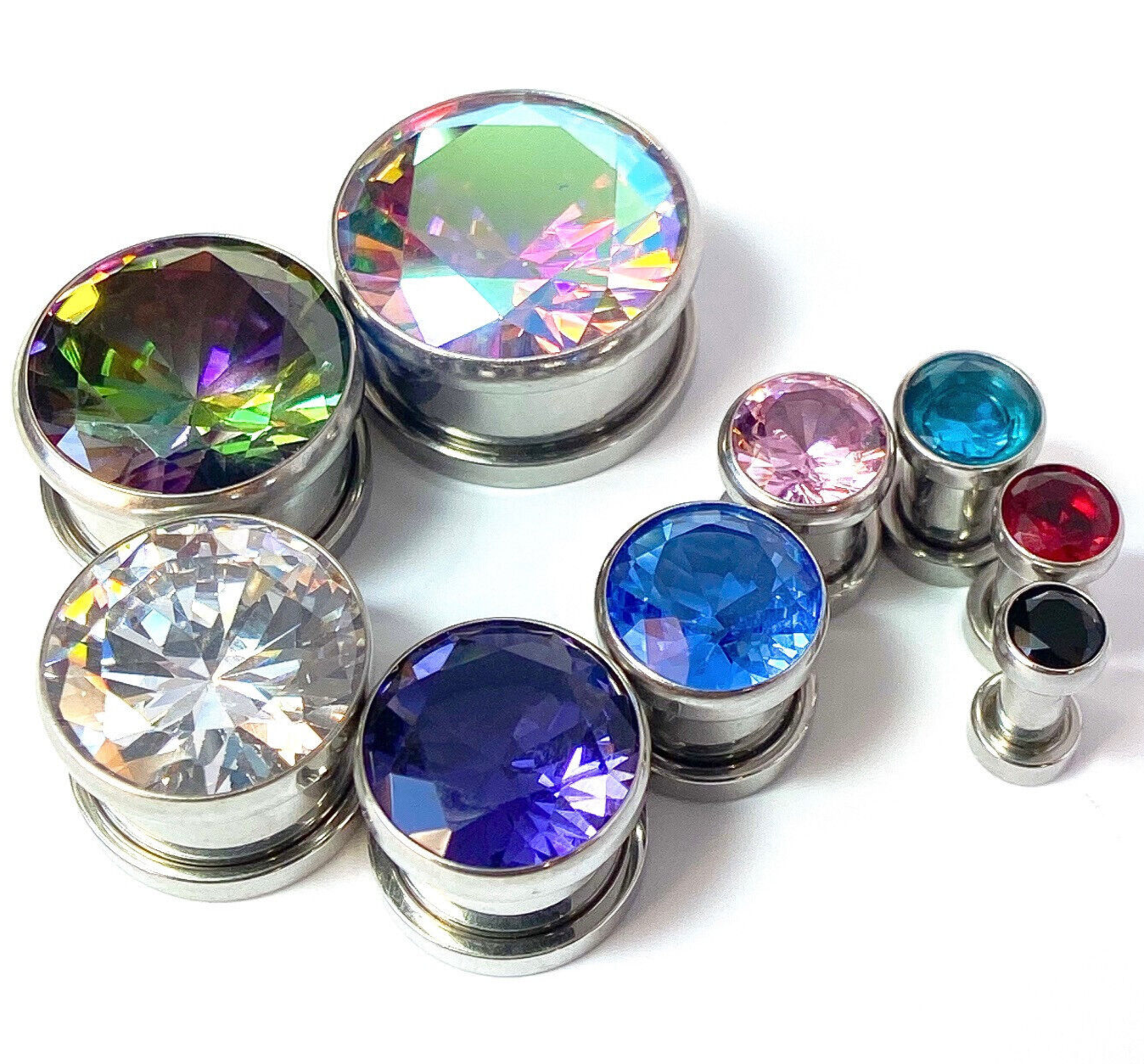PAIR Large Gem Screw Fit Tunnels Plugs Gauges Earlets Piercing Body Jewelry