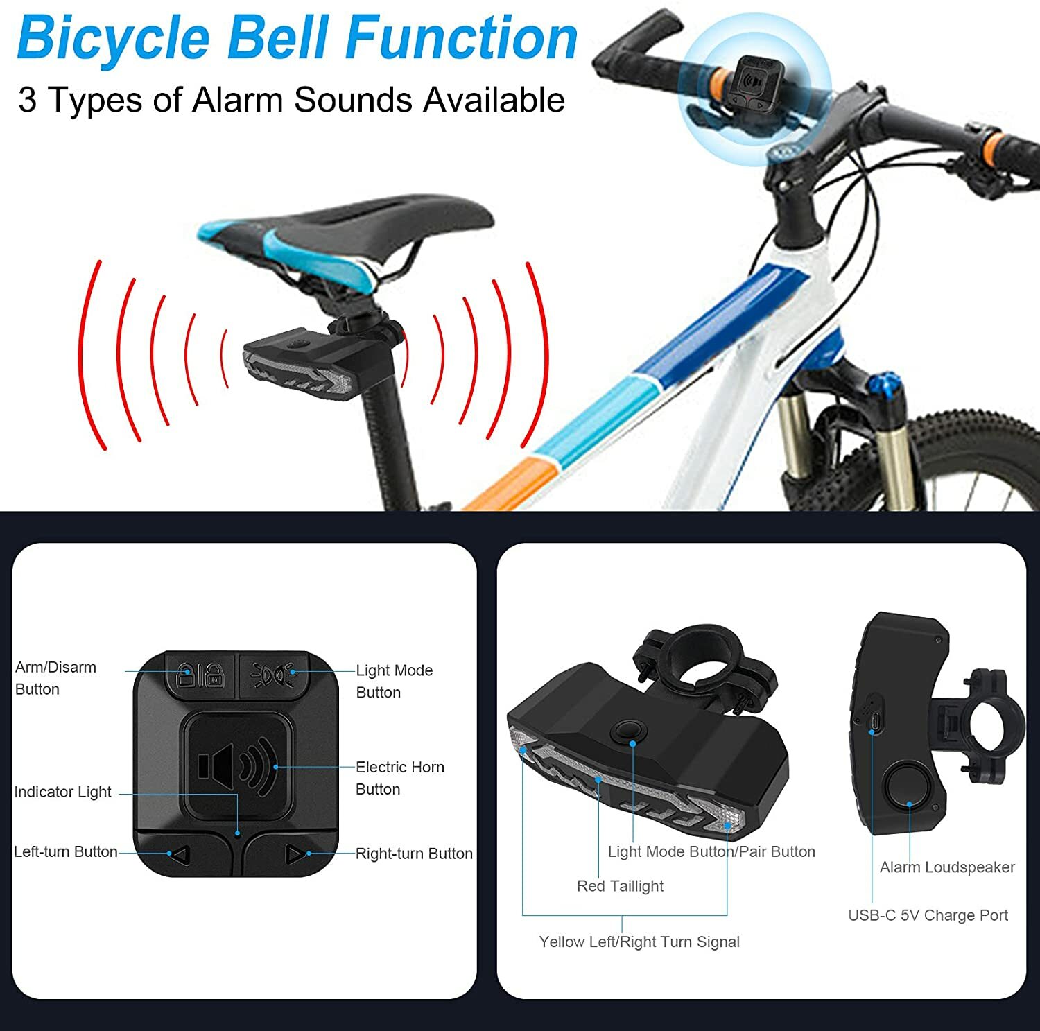 Wireless Bicycle Anti-Theft Alarm Vibration LED Bike Tail Lights USB with Remote