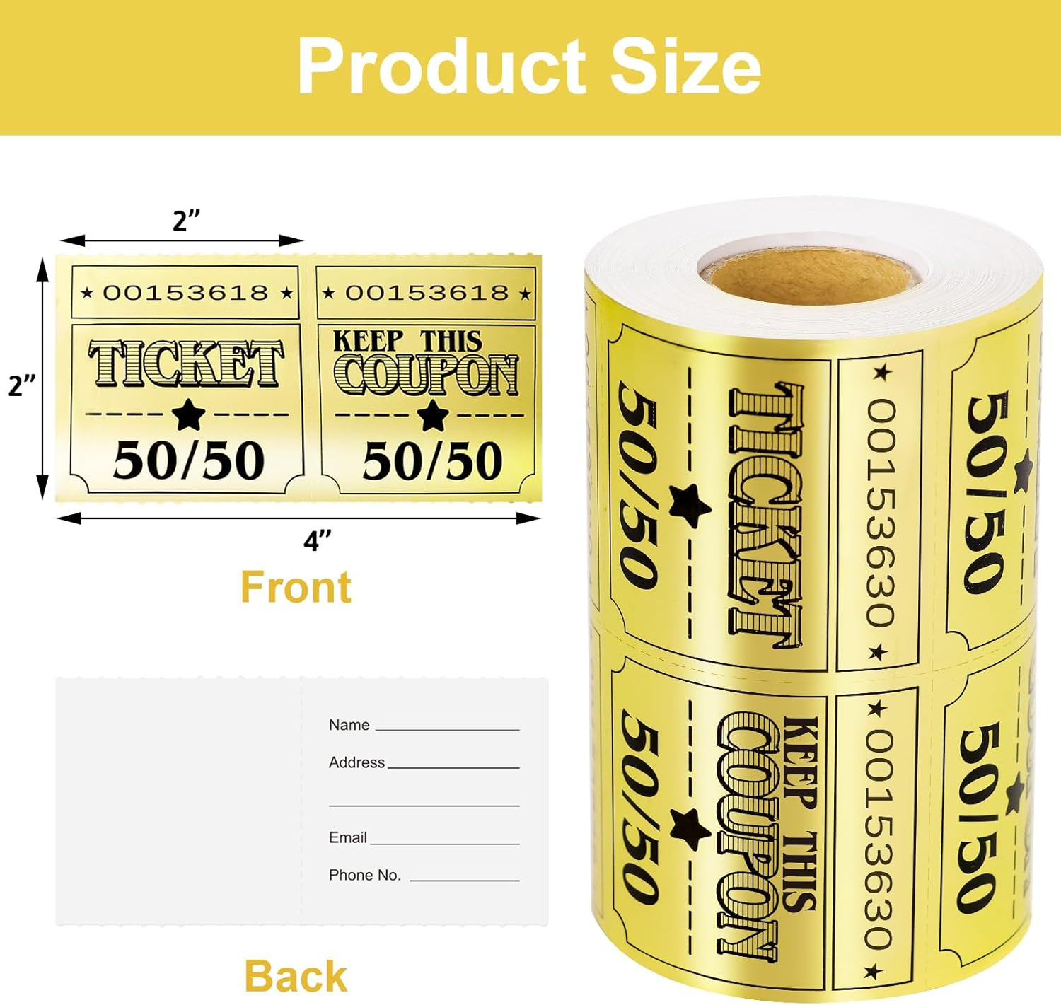 Large 50/50 Raffle Tickets Double Roll 300Pcs Gold Glitter Cards Tickets for Hap