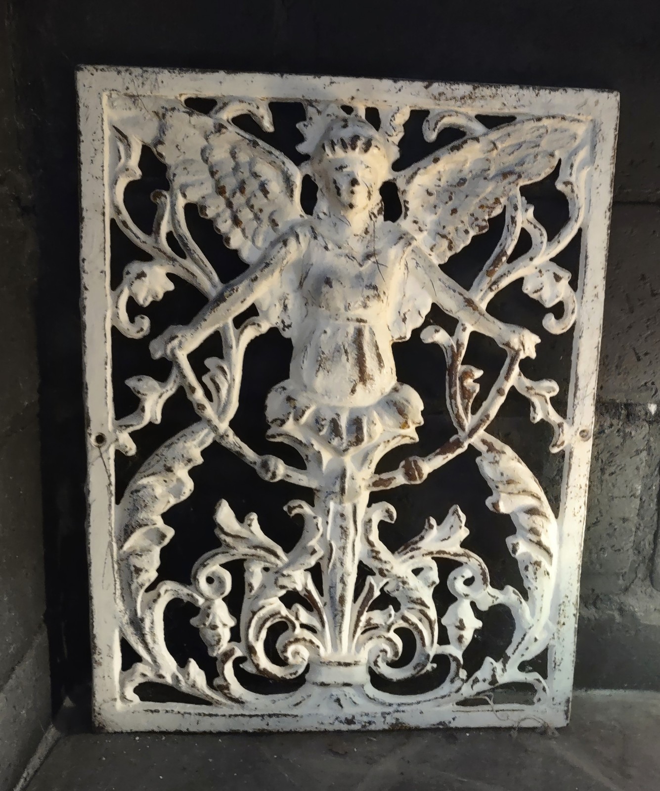 Antique Cast Iron Garden Angel Statue, Distressed Off White