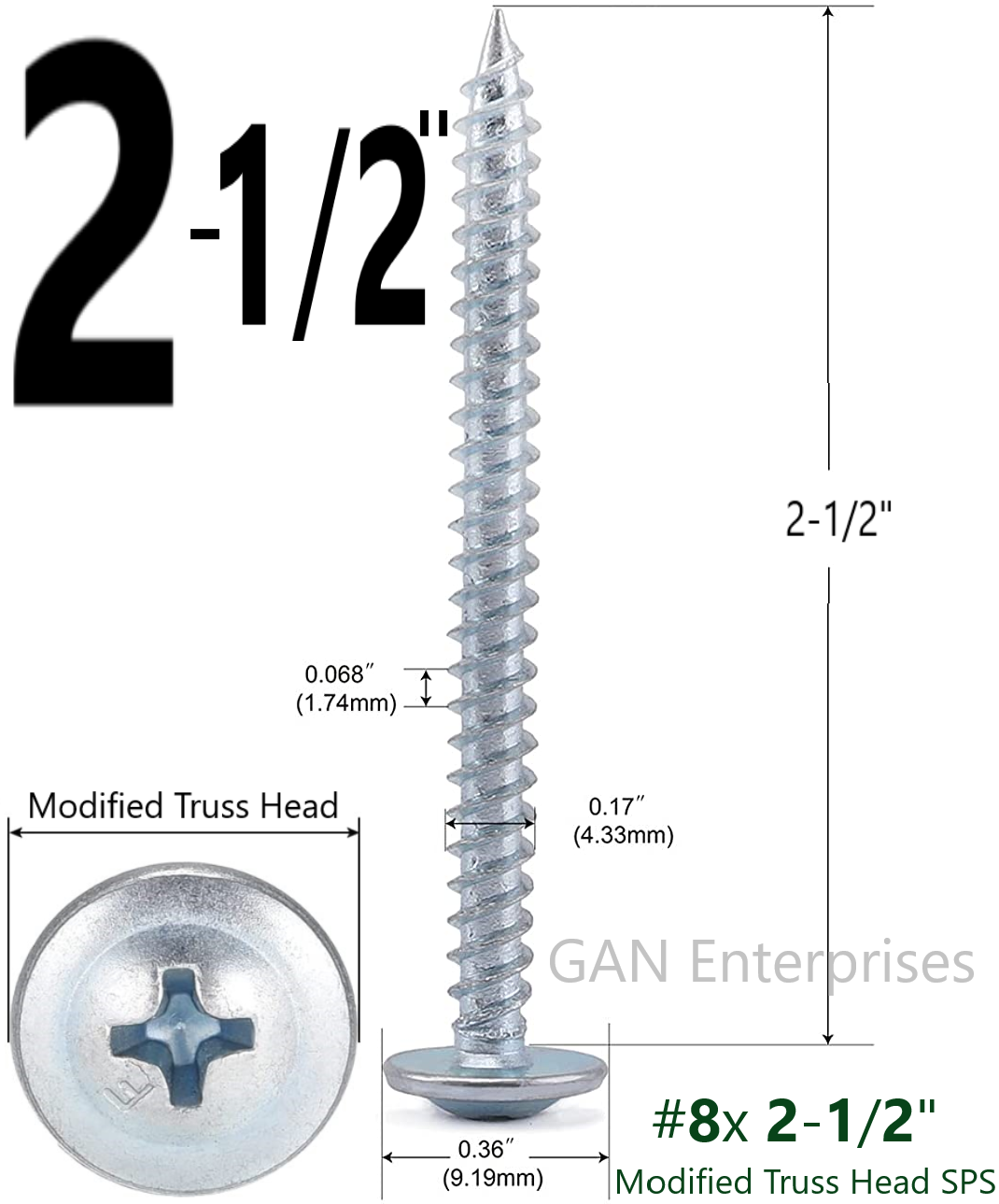 Modified Truss Head Phillips Self piercing sharp point screws #8 x 1/2"- 3" Zinc