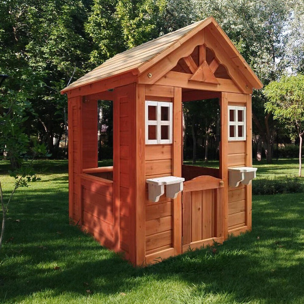 Wooden Playhouse for Kids Backyard Outdoor Cottage with Flowerpot Holder Window