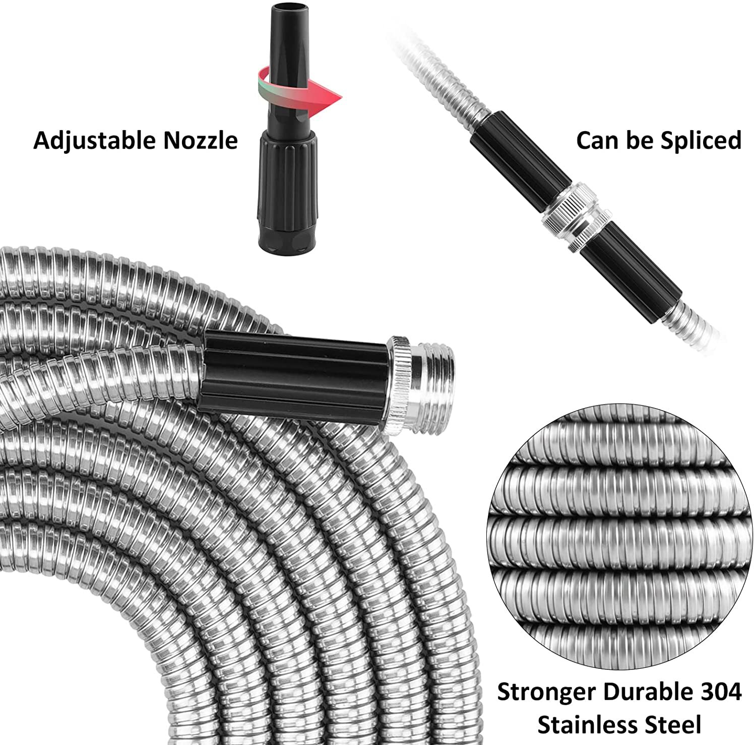 25/50/75/100FT 304 Stainless Steel Metal Garden Water Hose Flexible Patio Home