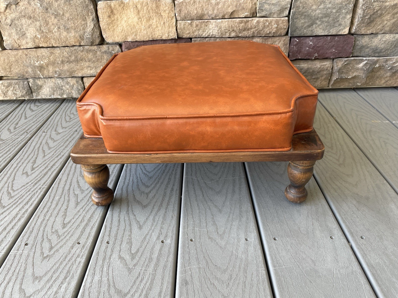 Ethan Allen Bronze Vinyl Cushion Top Solid Wood Base Vtg Ottoman Footstool
