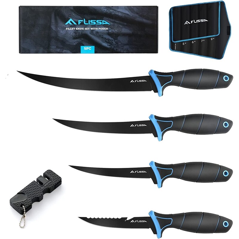 FLISSA 4-Piece Fillet Knife Set Boning Knife & Bait Knives with Sharpener New