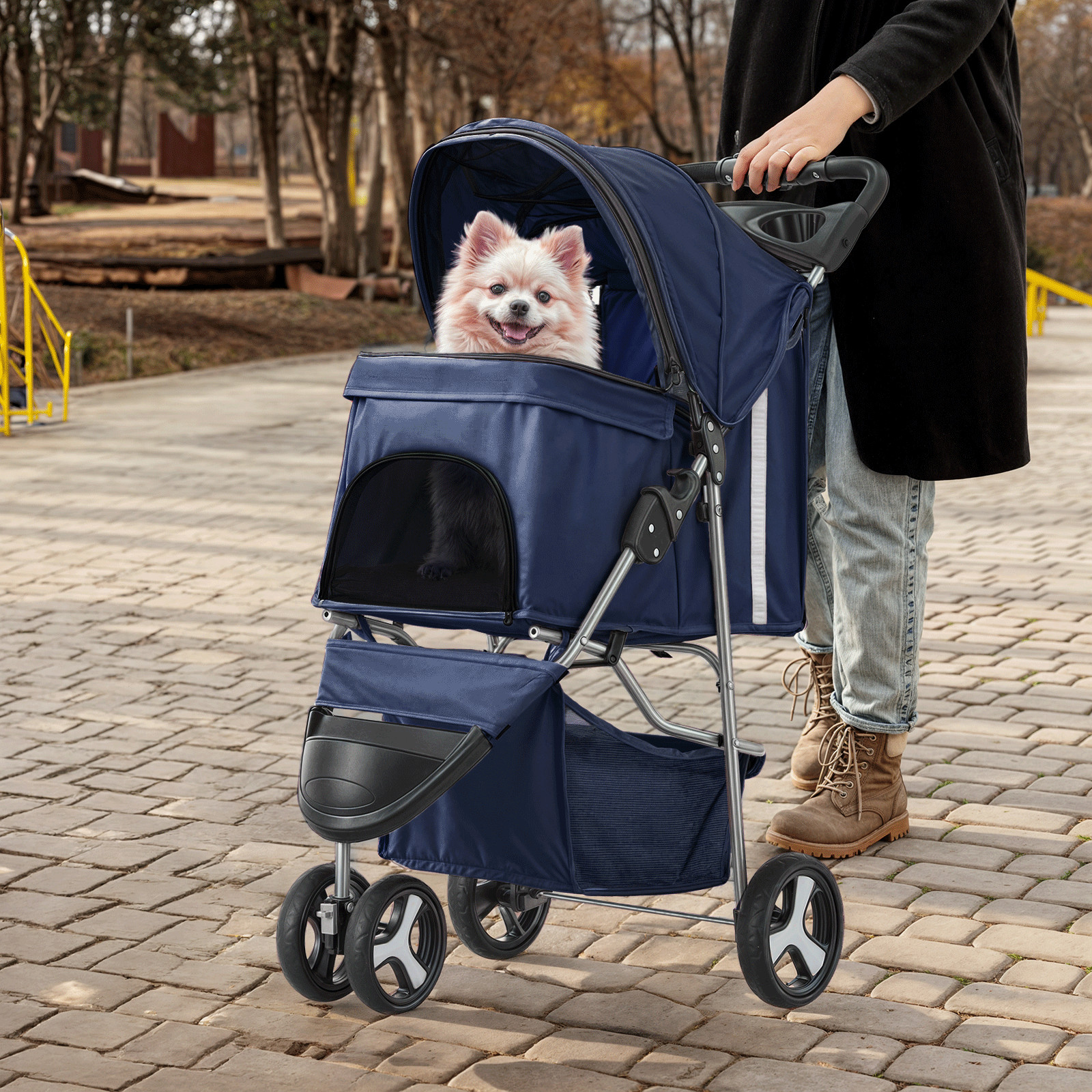Blue Foldable Dog Stroller Small Medium Pet Travel Cage Carrier Cart w/Sunshade