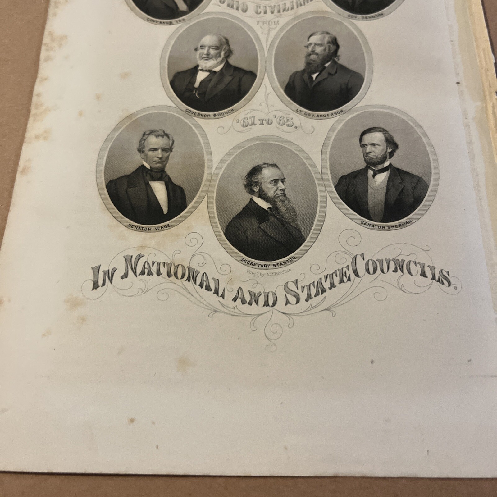 1867 Engraving Ohio Civil War Civilians Politicians Governor Tod Brough Dennison