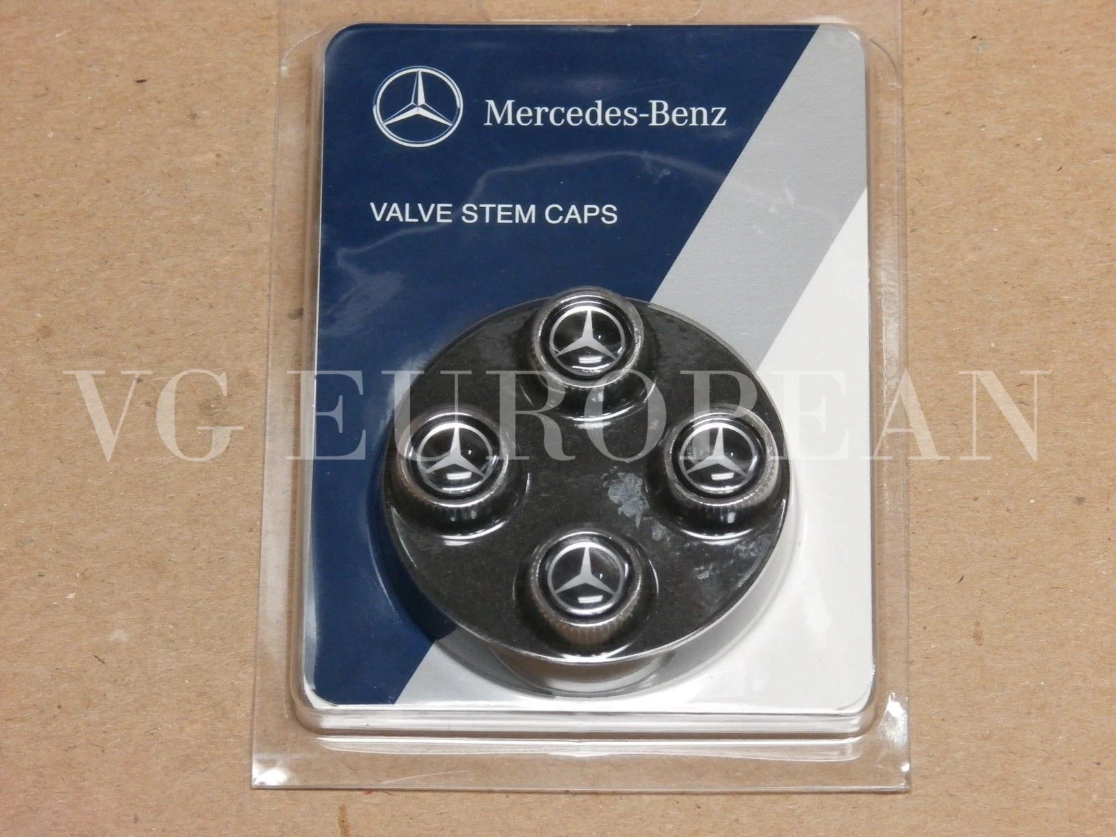 Mercedes-Benz Genuine Tire Valve Stem Cap Set, Silver Star on Black Caps OEM OE