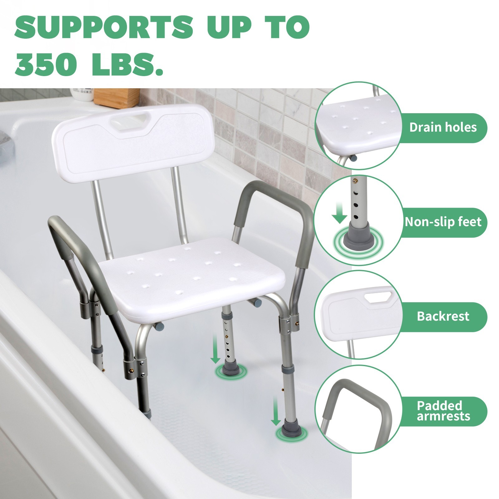 Shower Chair 350lb Bath Bench Seat with Back, Arms, Adjustable