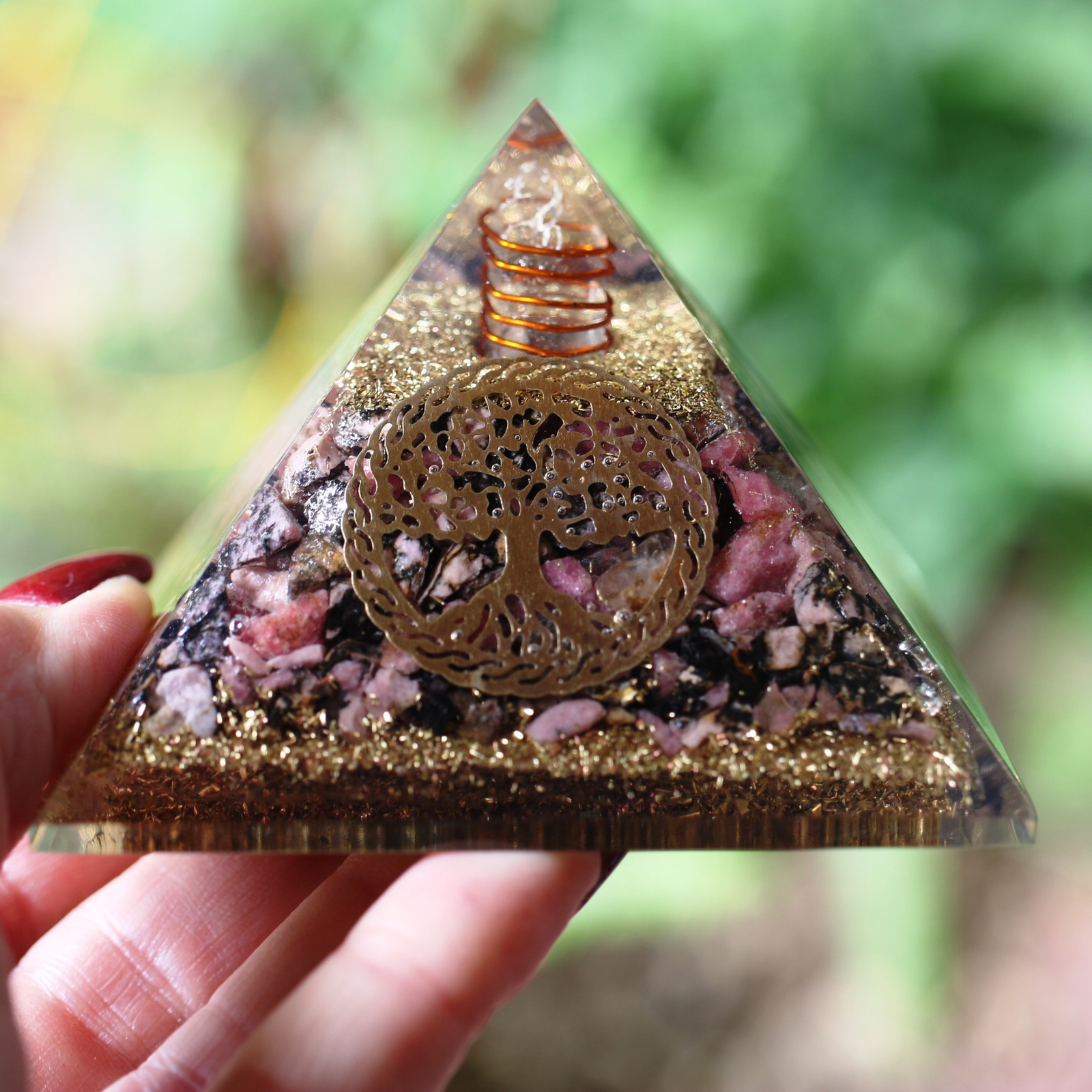 Natural Rhodonite Orgone Pyramid Extra LARGE 75mm 3in EMF & 5G Protection