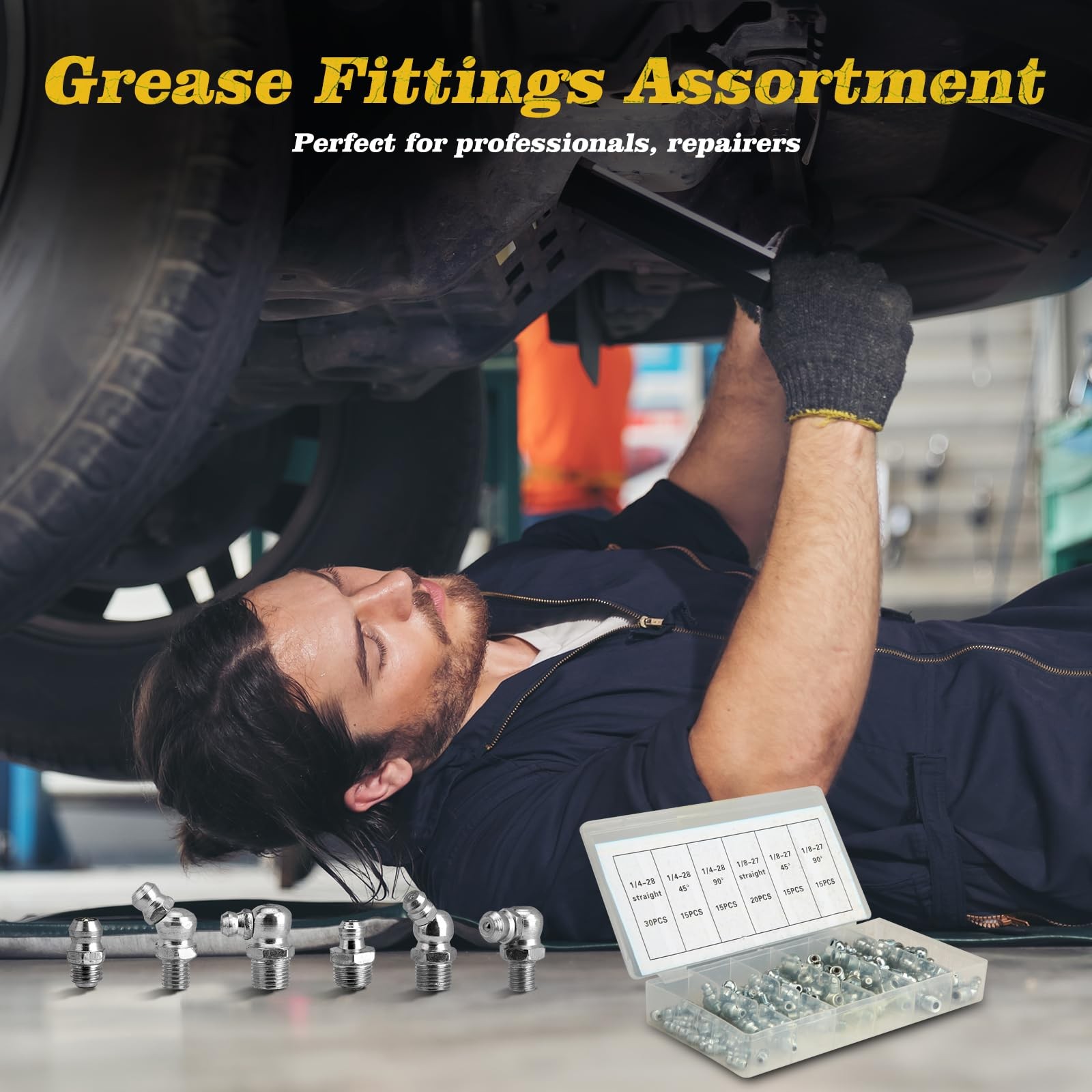 110Pcs Hydraulic Grease Fittings Assortment Kit, SAE Zerk Fittings: 1/4" & 1/