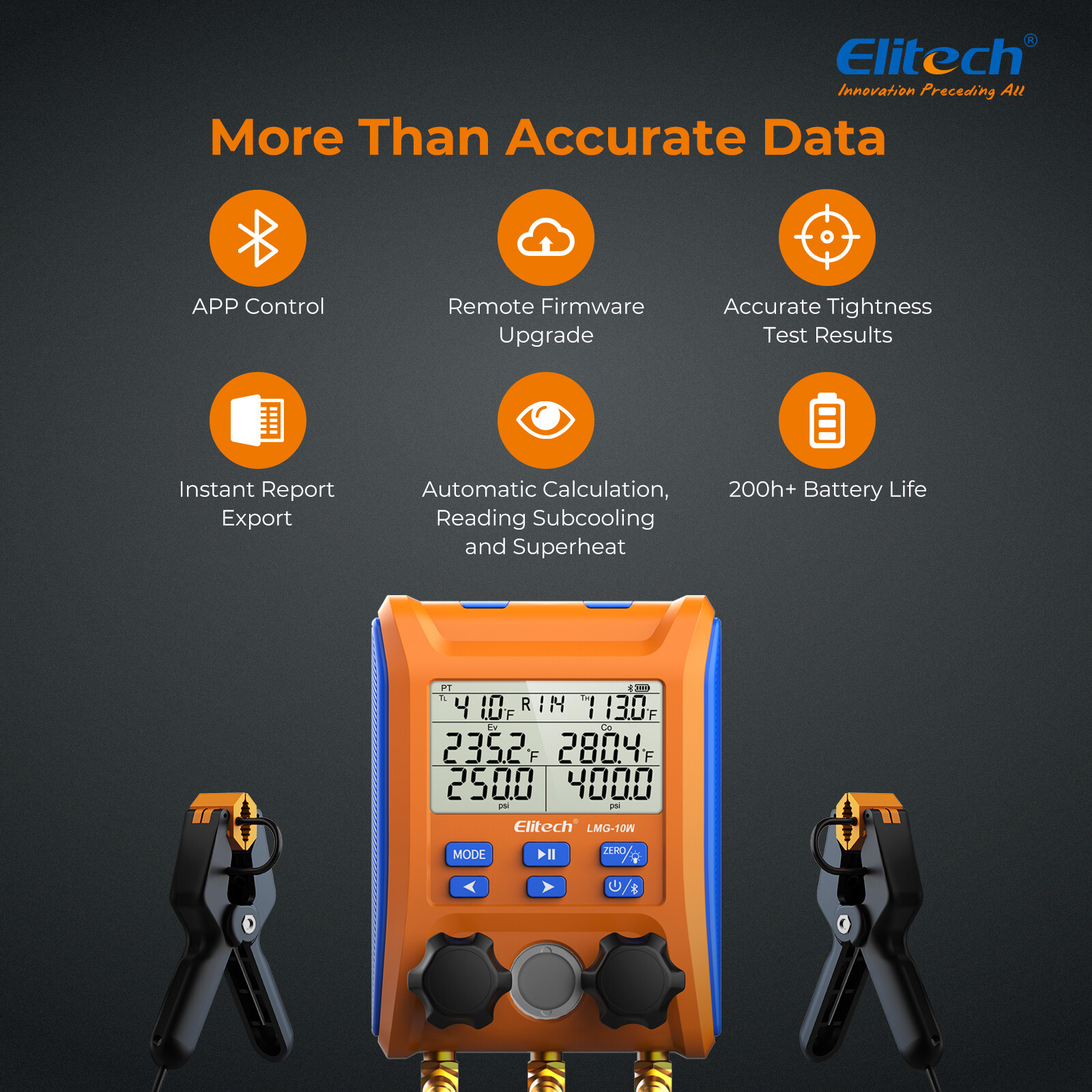 Elitech Digital Manifold Gauge 2-Way Valve AC Gauge LMG-10W App Control w/Hoses