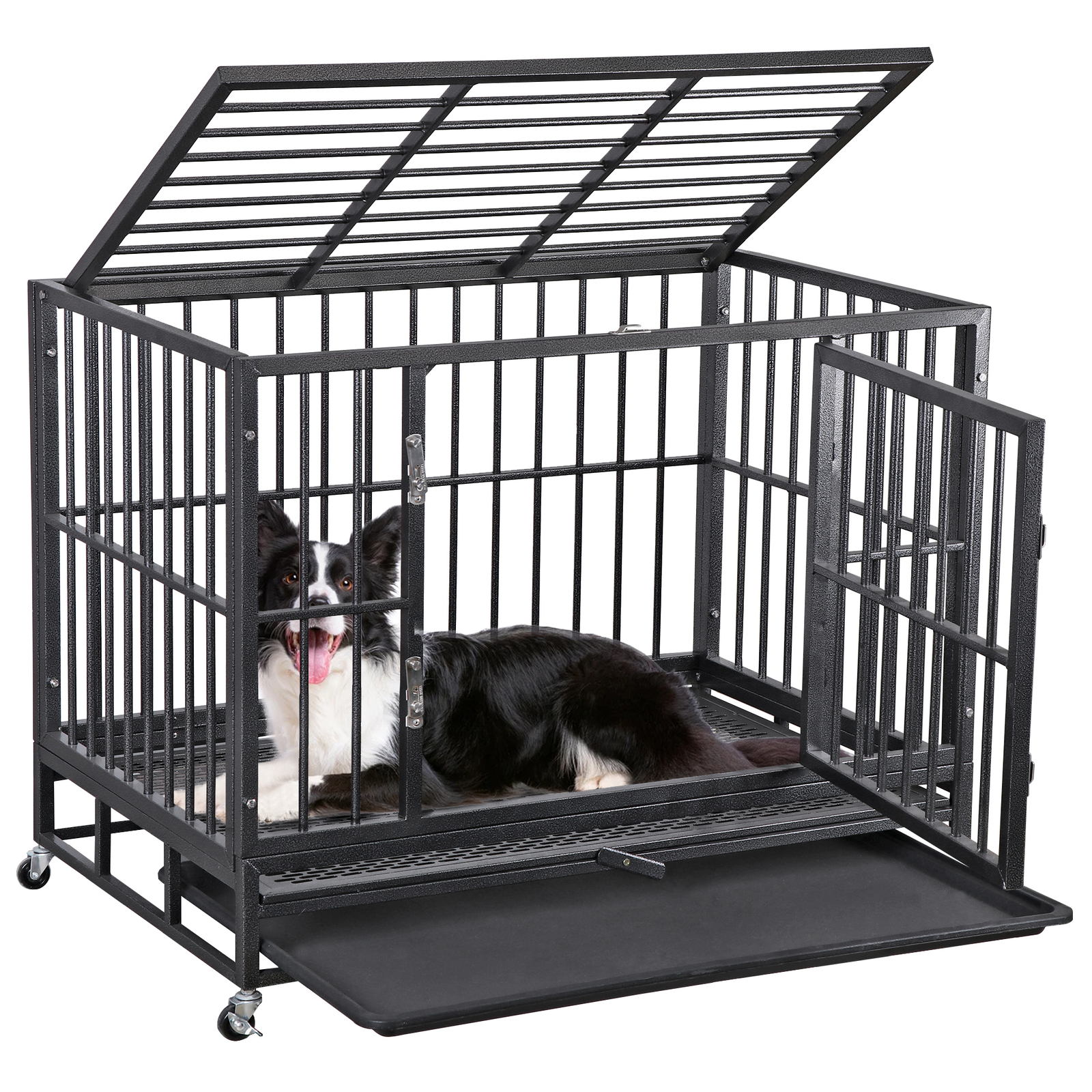 Heavy Duty Metal Dog Kennel Double Door Big Dog Cage w/ Removable Dog Crate Tray