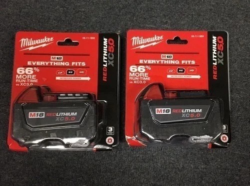 2 Pack Milwaukee 48-11-1850 M18 XC 5.0 AH 18 Volt Capacity Battery New In Pack