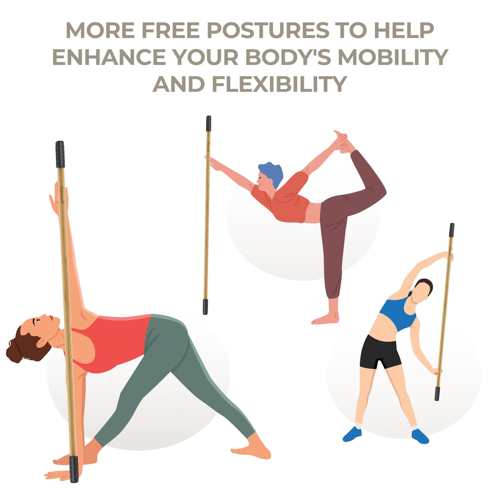 Yoga Stick for Home and Gym, Bamboo Yoga Exercise Stick for Full Range of Mot...