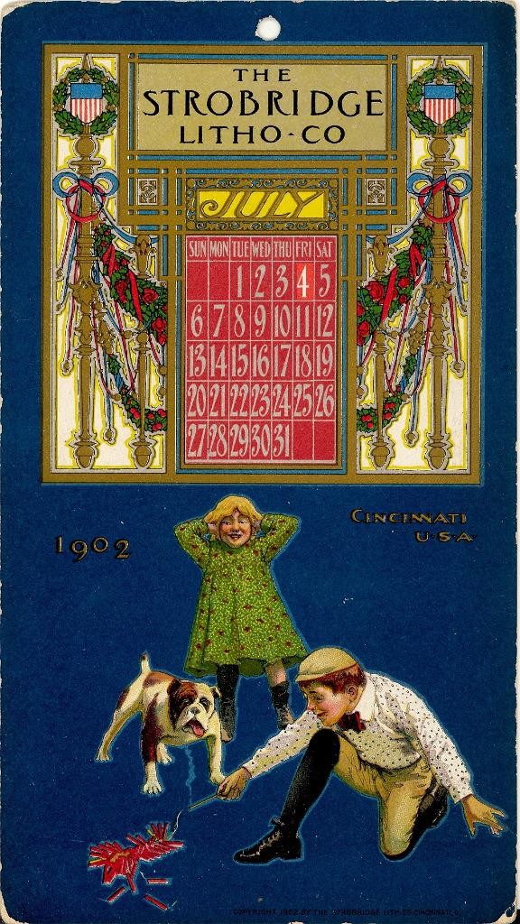 1902 STROBRIDGE LITHO CO. "July 4th" CALENDAR TRADE CARD Cincinnati Ohio