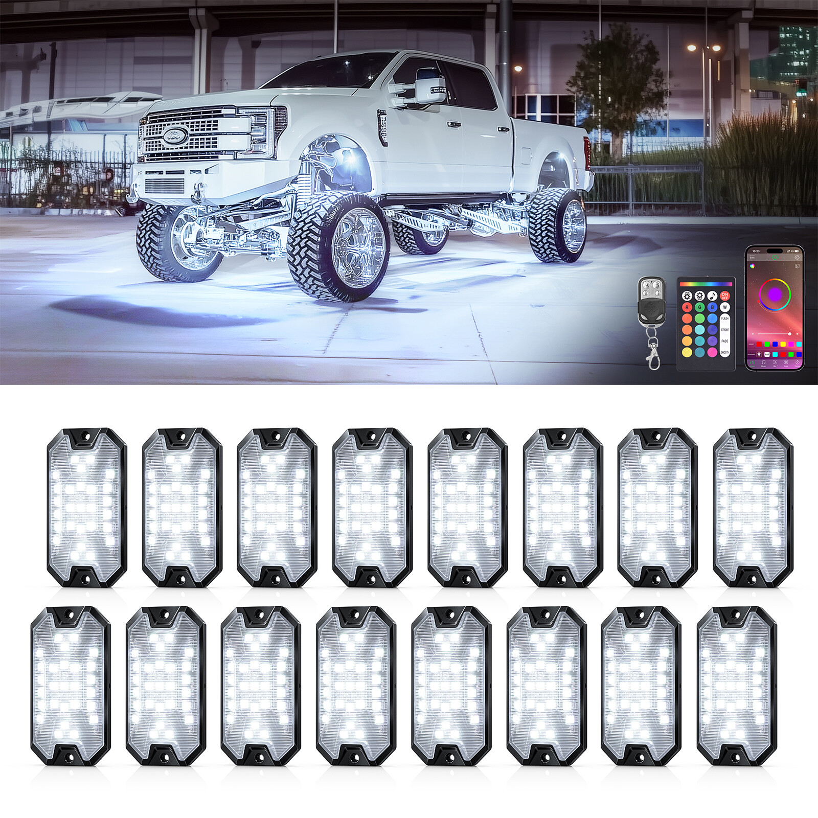 16-Pods RGBW LED Underglow Rock Lights for Trucks Cars, App & Remote Controller