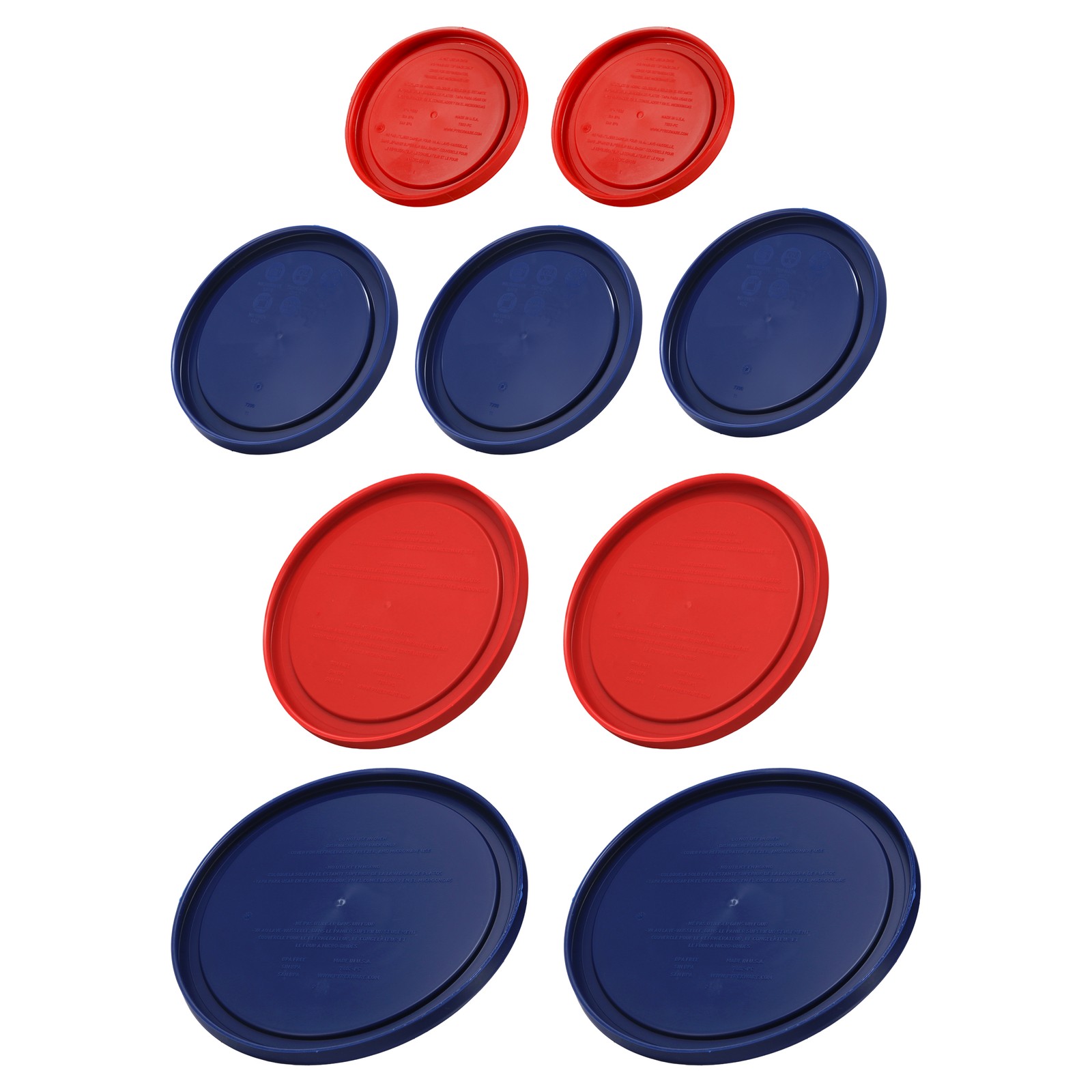 Pyrex Storage Lid Set: (2) 7202-PC 1 Cup Poppy Red, (3) 7200-PC 2 Cup Blue, (2)