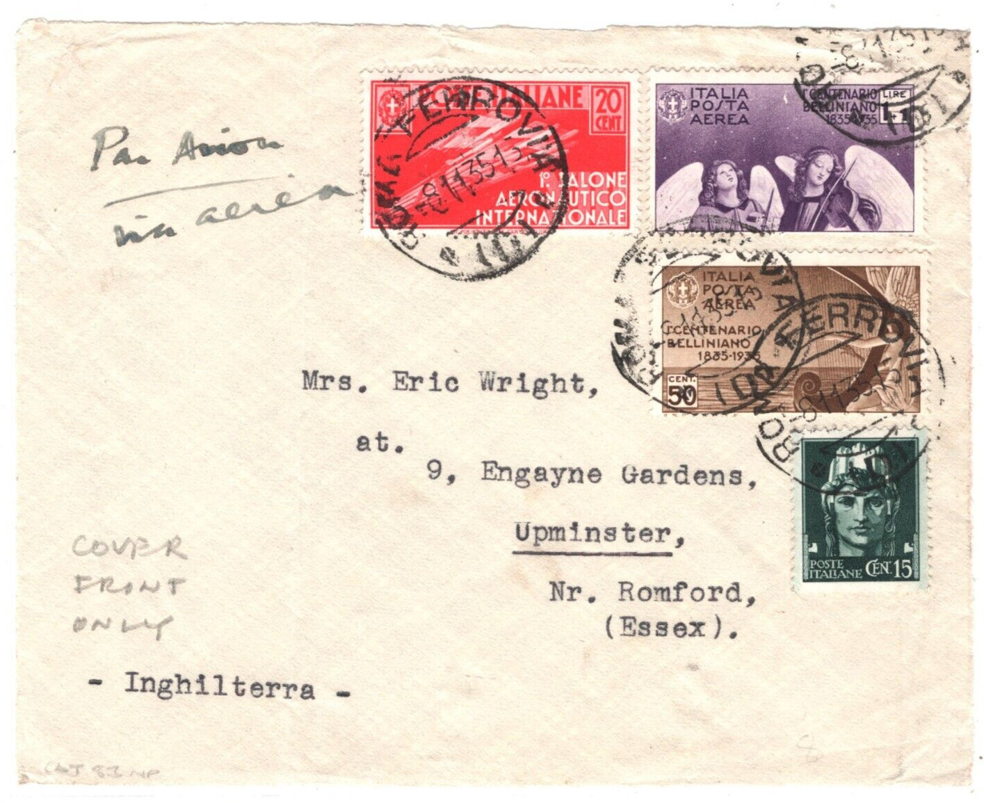 ITALY Air Mail BELLINI 1L+1L *ANGELS* Rome 1935 Cover Front {samwells}MA1757