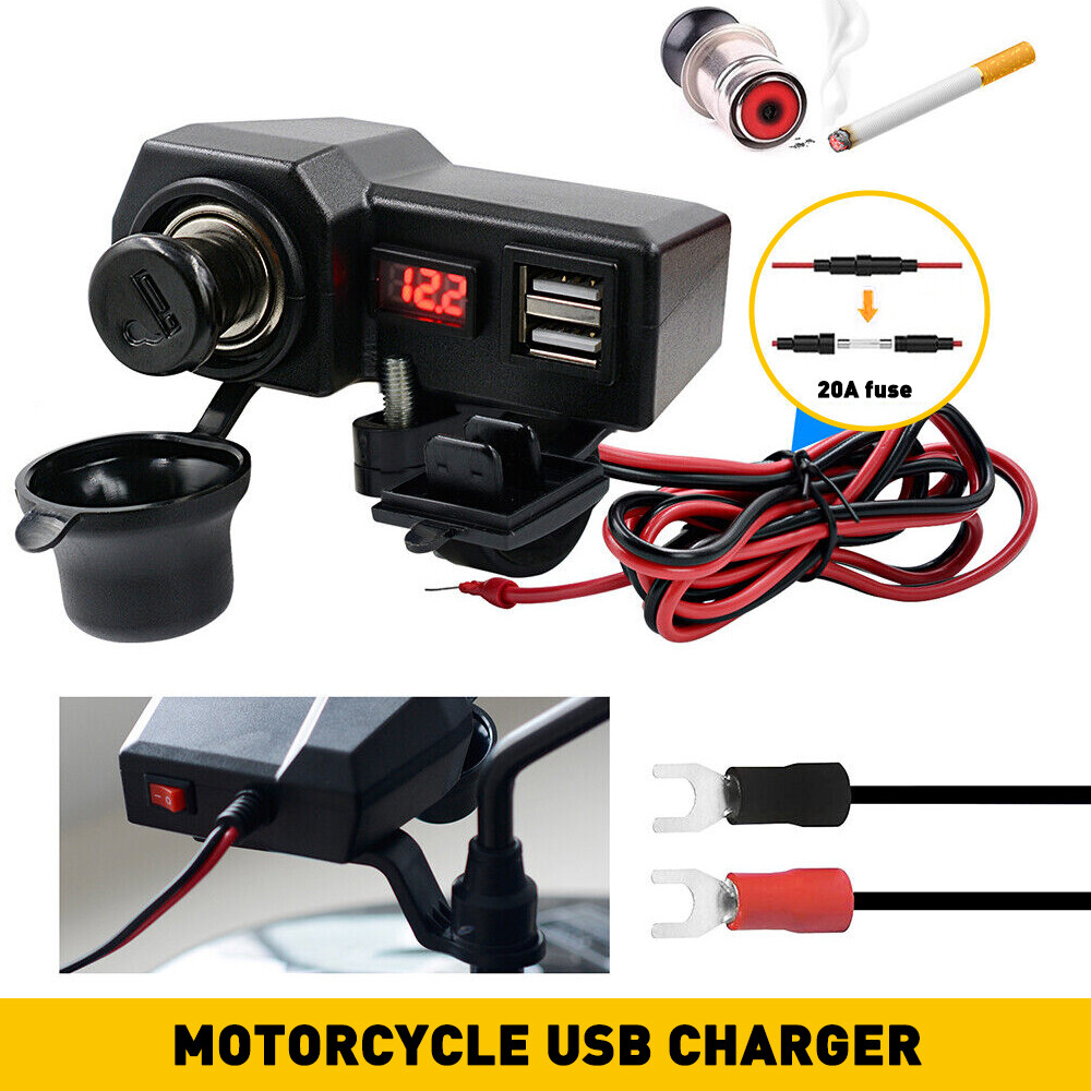 Motorcycle Handlebar Cigarette Lighter Socket Dual Charger USB W/ LED Voltmeter