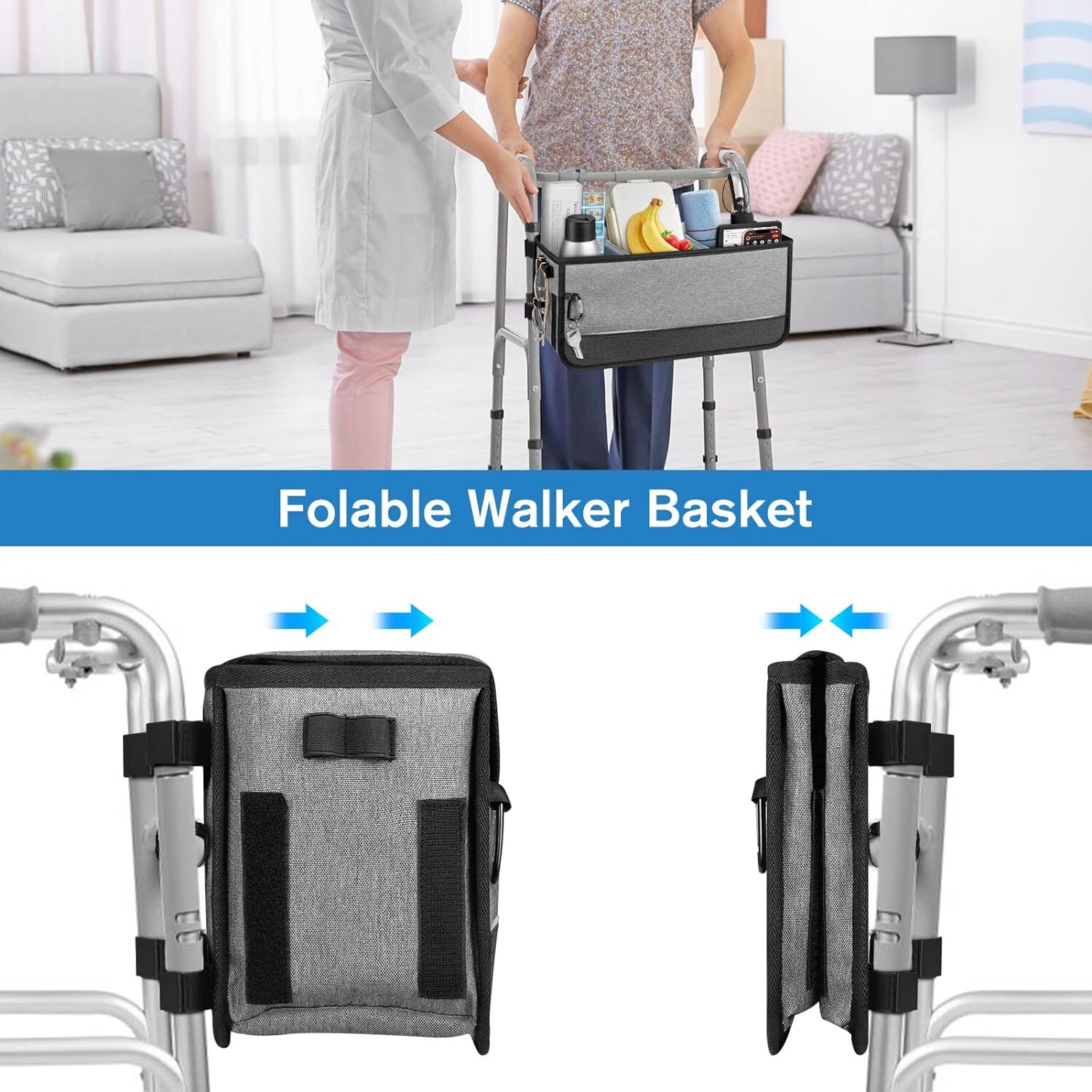 Large Walker Basket for Folding Walkers Foldable Walker Storage Bag for Elderly