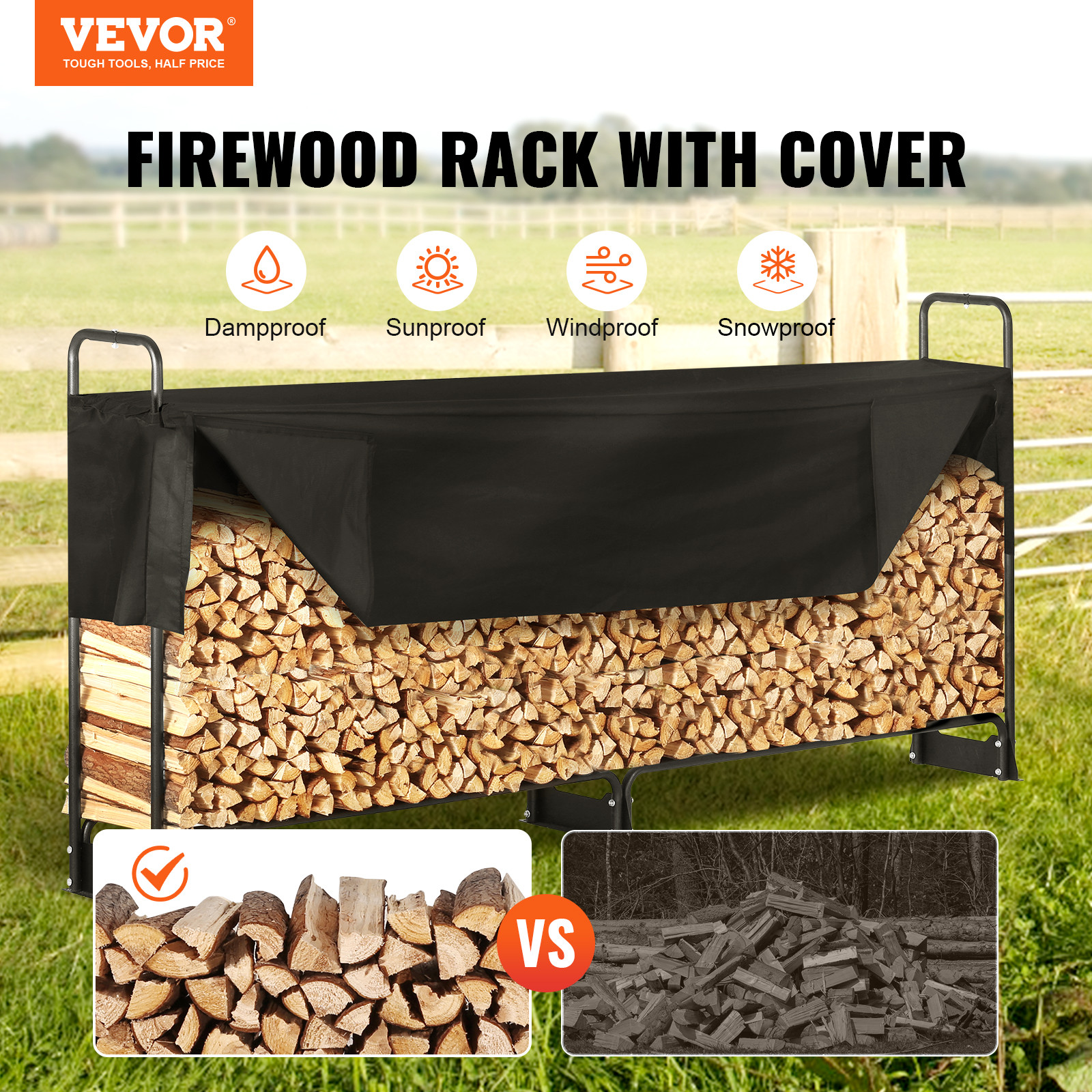 VEVOR 8.5 FT Outdoor Firewood Rack with Cover Firewood Holder 102"x14.2"x46.1"