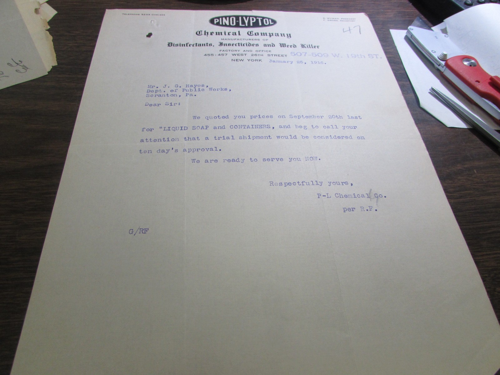 PINO-LYPTOL CHEMICAL COMPANY - NEW YORK NY  - 1916  LETTERHEAD