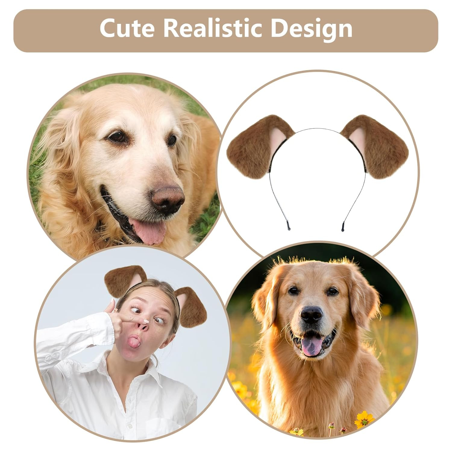 Dog Ears Golden Movable, Realistic Animals Ears Headband Brown, Fluffy Cat Bu...
