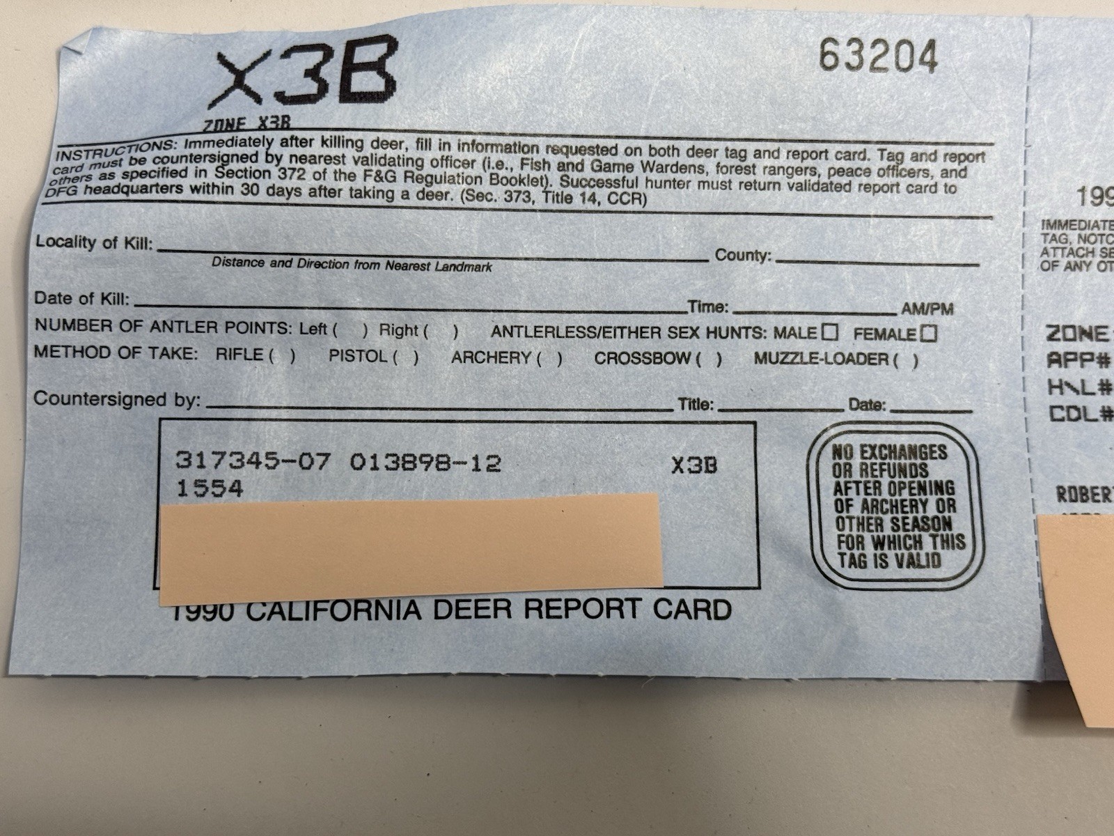 Vintage 1990 California Mule Deer Hunting Tag / Permit Unpunched Unit X3B